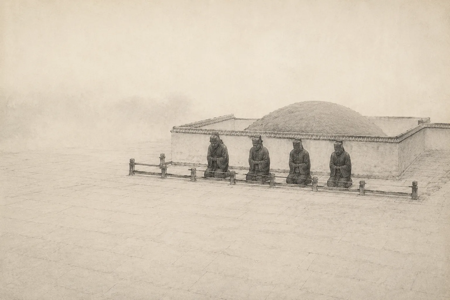 Four life-size cast-iron figures kneeling in a row with their heads bowed, outside a walled tomb enclosure, with a low protective railing set in front of them and empty stone paving all around. No people.