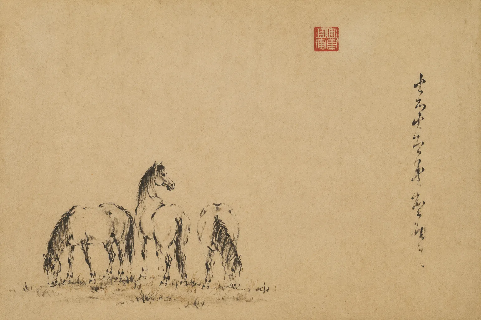 Three horses standing on open grass in dry scratchy strokes, placed low and to one side with no saddles, riders, buildings or horizon. The rest of the frame is untouched paper, with a red seal in the upper area.