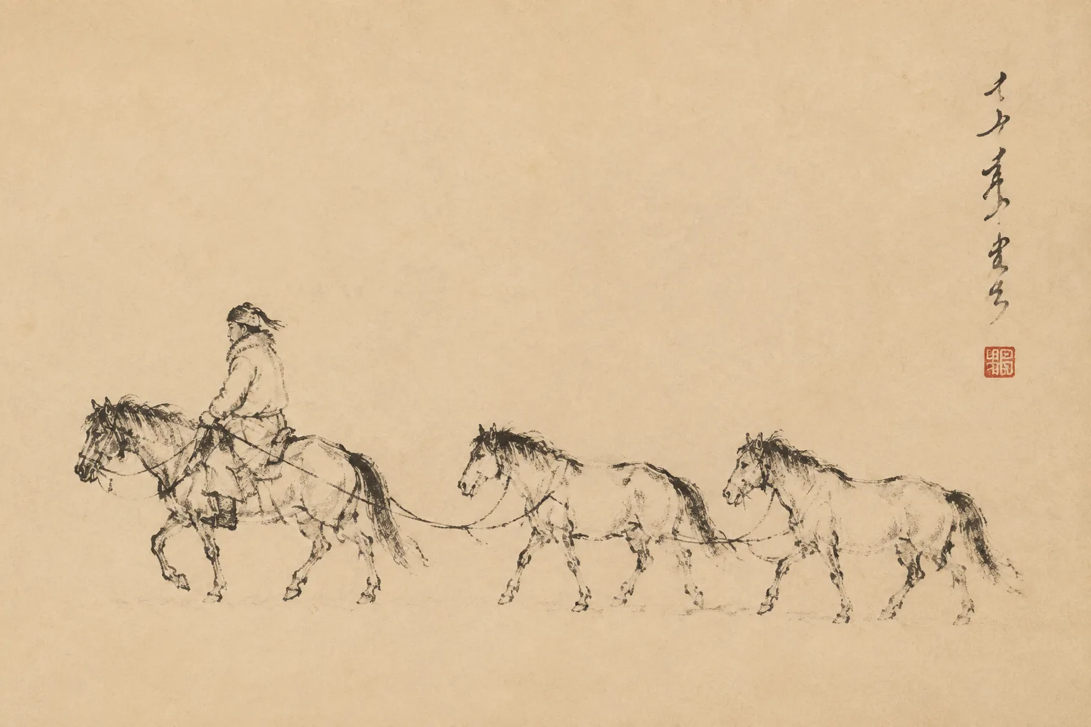 A single rider in a fur-trimmed coat leading two unsaddled spare horses on long reins, moving right to left in a few dry strokes, placed off-centre with nothing else in the frame.