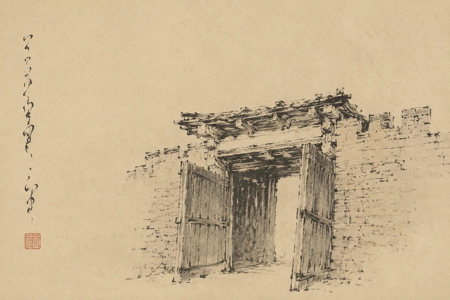 A section of wall with a large timber gate standing wide open and nobody guarding it, drawn close to and at eye level in sparse dry line, with empty paper on either side. No landscape, army or crowd.