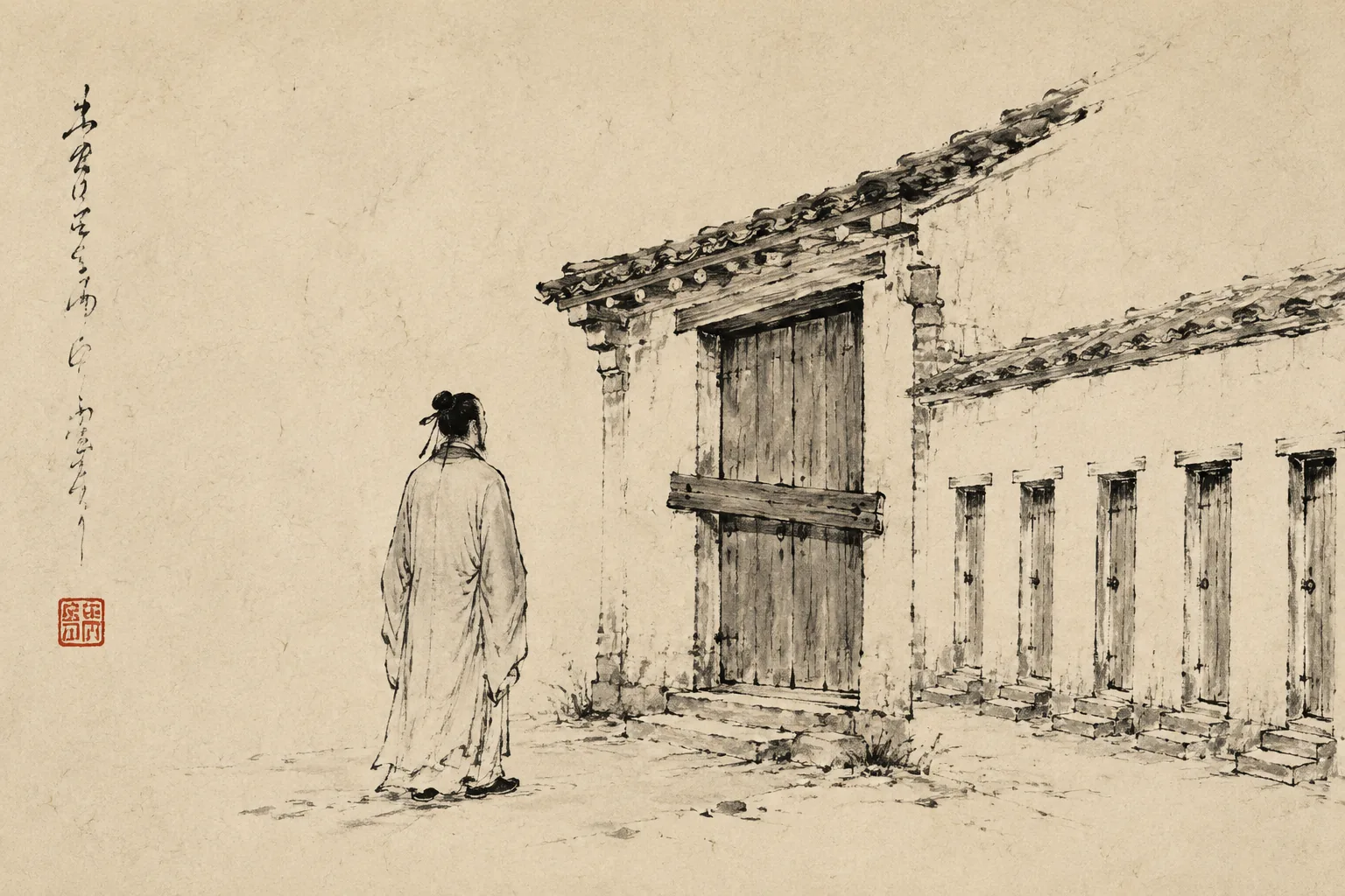 The exterior of an examination hall in sparse dry brush: rows of small identical cell doorways along a long wall, a heavy main door closed and crossed with a plank, and one scholar in a worn robe standing with his back to us, looking at it.