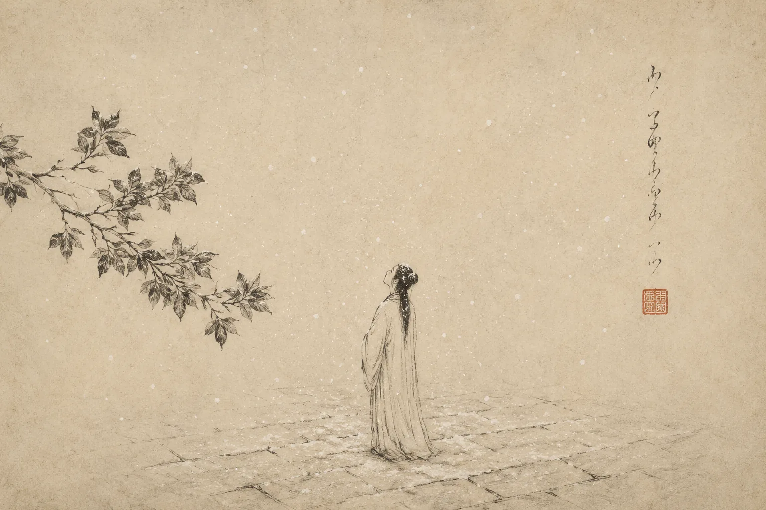 A woman in a plain robe standing alone in an open courtyard in high summer — full leaves on a single branch — with snow falling around her and settling on the ground. Staged and theatrical, off-centre, with vast empty paper above.