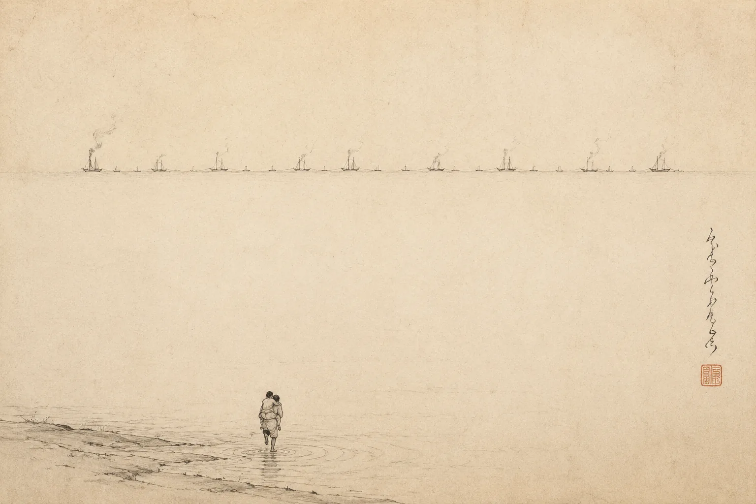 Seen from very far off and high up: two tiny figures at the edge of a wide pale sea, one carrying the other on his back, at the moment of stepping in. On the horizon, a line of chained ships with smoke rising from their sterns. Almost the whole frame is empty paper.
