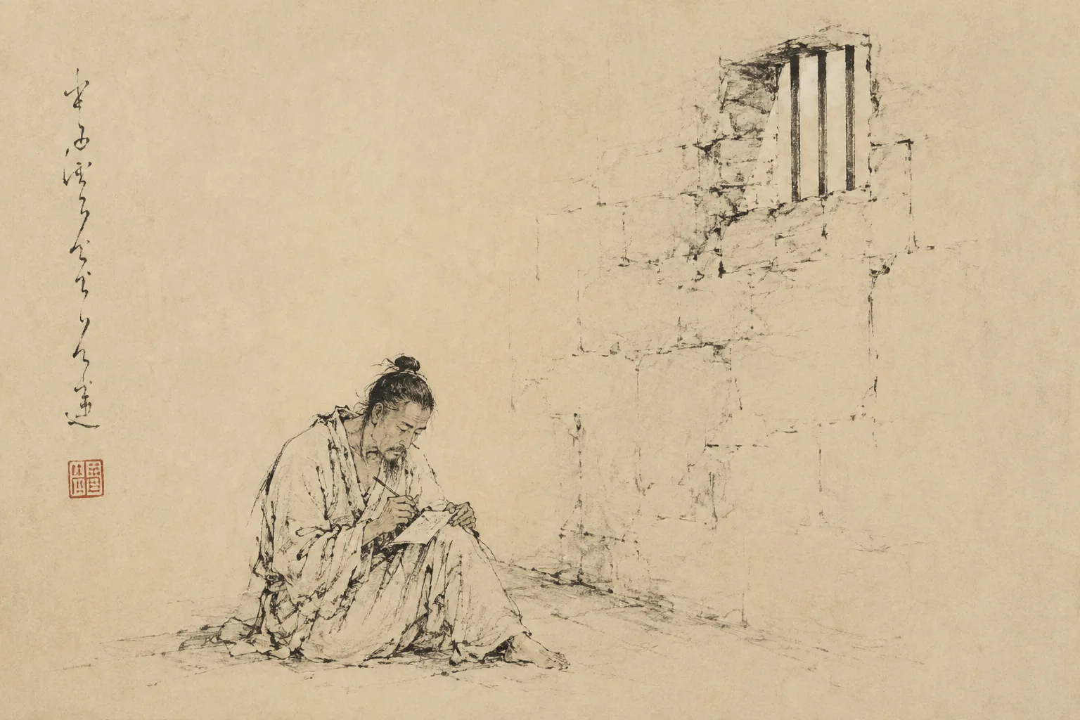 A man seated on the floor of a bare stone cell writing on a small sheet against his knee, lit by one high barred opening. Dry, sparse and close, with nothing else in the frame — no guards, cage or chains.