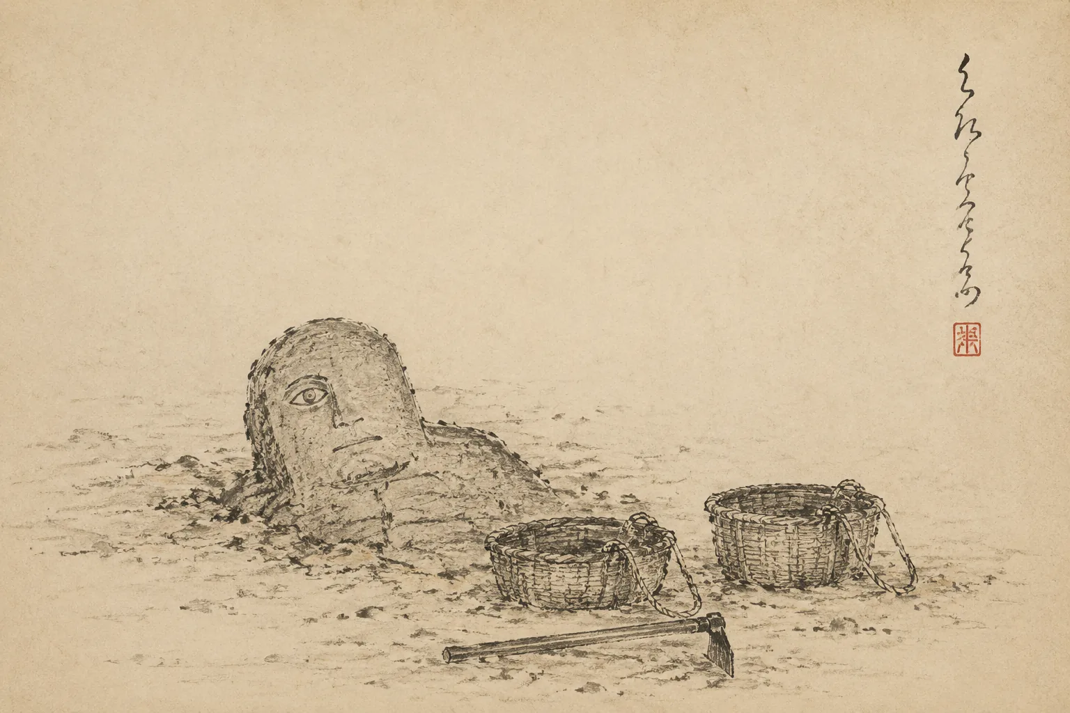 A crude carved stone figure lying half-exposed in river silt with one eye cut into its face and the other side blank, two labourers’ baskets and a mattock abandoned beside it. Wet mud rendered in dry ragged strokes, off-centre, empty paper above.