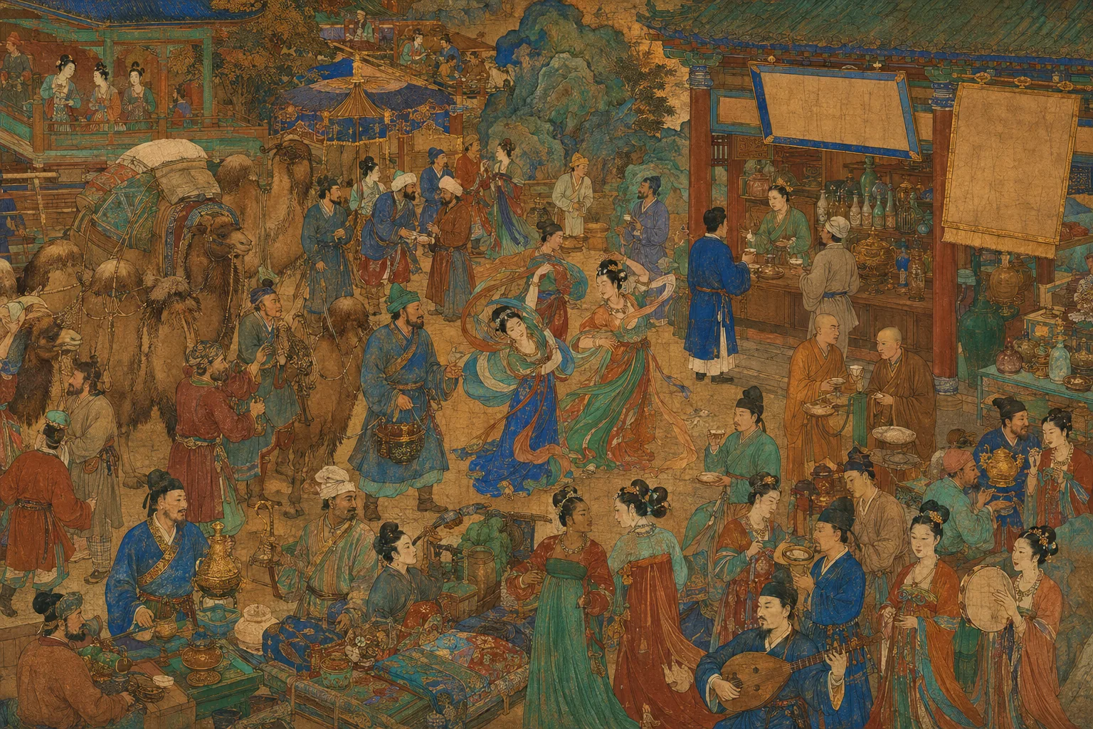 A crowded Tang market street in saturated blue-green and gold: camels being unloaded, dancers in whirling foreign dress outside a wine shop, merchants in belted Central Asian coats and soft caps, and monks in plain robes, all in the same frame. Signboards blank.