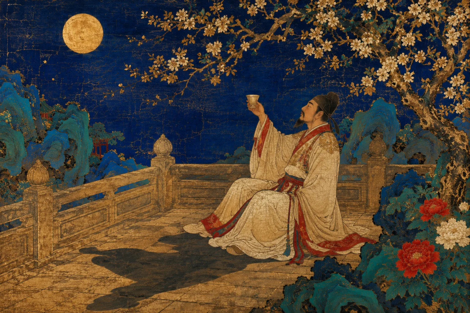 A poet seated alone on a terrace at night with a wine cup raised, a full moon high above him and his own long shadow cast across the terrace stone — the only shadow in the set — with flowering branches overhead.