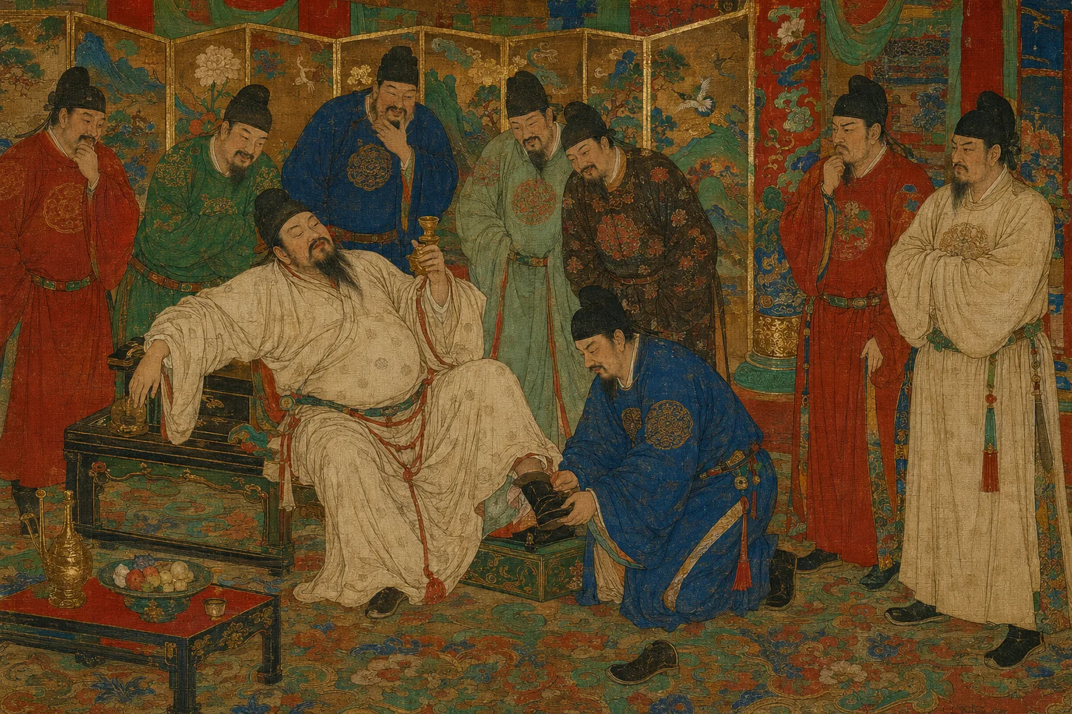 A pillared court hall with gold-detailed screens. A poet slumped visibly drunk on a low seat with one leg extended while a robed official kneels at his feet pulling off his boot, courtiers around them watching, some amused and some appalled.
