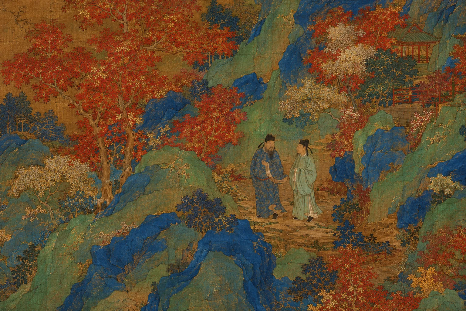 Two men walking together on a mountain path among stacked blue-green rock planes in autumn — one older and heavier, one younger and leaner — turned slightly toward each other mid-conversation, small in a large landscape.