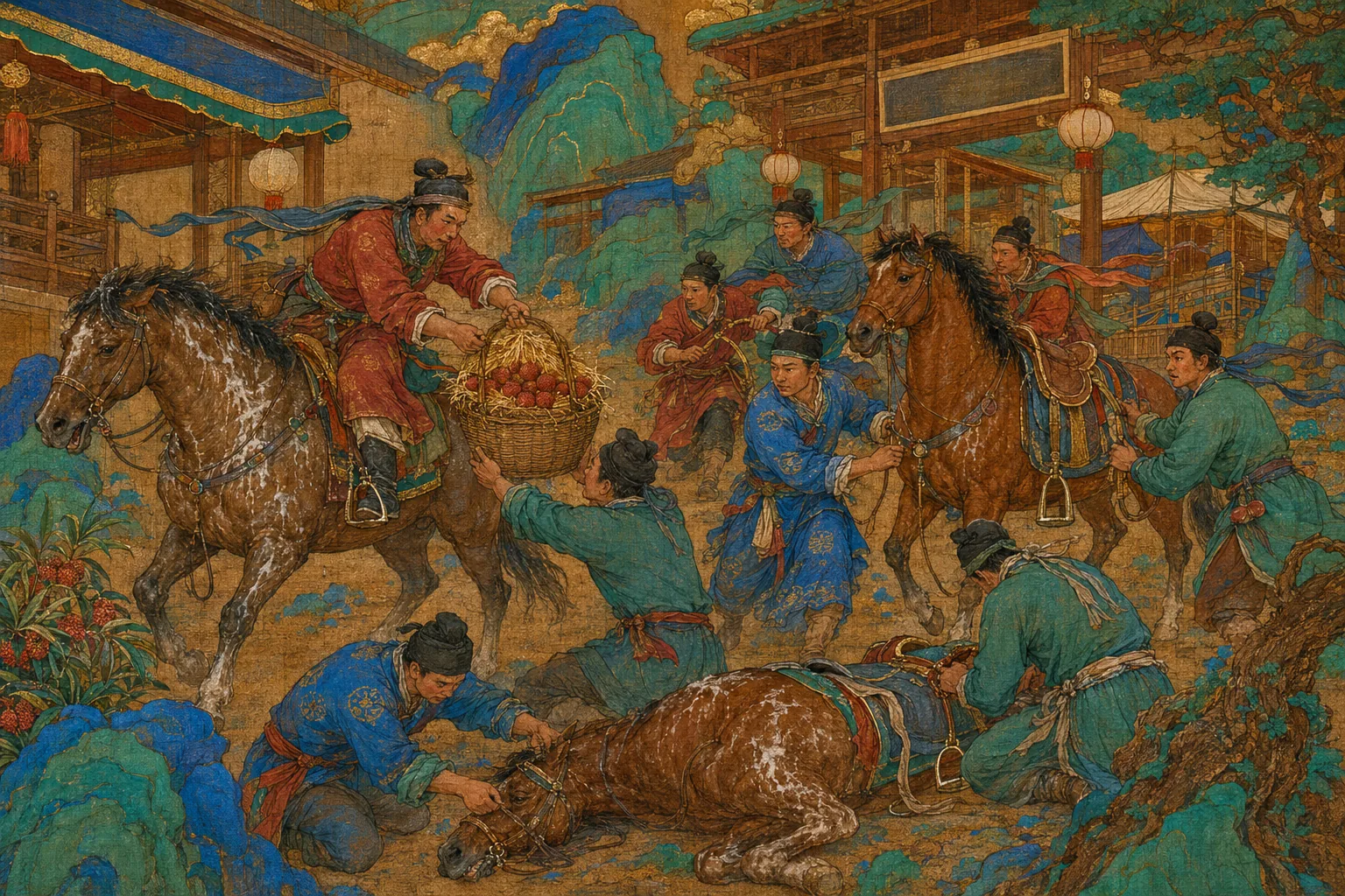 A courier on a lathered horse at a post station handing down a sealed basket packed with straw and fresh lychees, while behind him a second horse lies collapsed and is being unharnessed and grooms hurry up with a fresh mount. No blood.