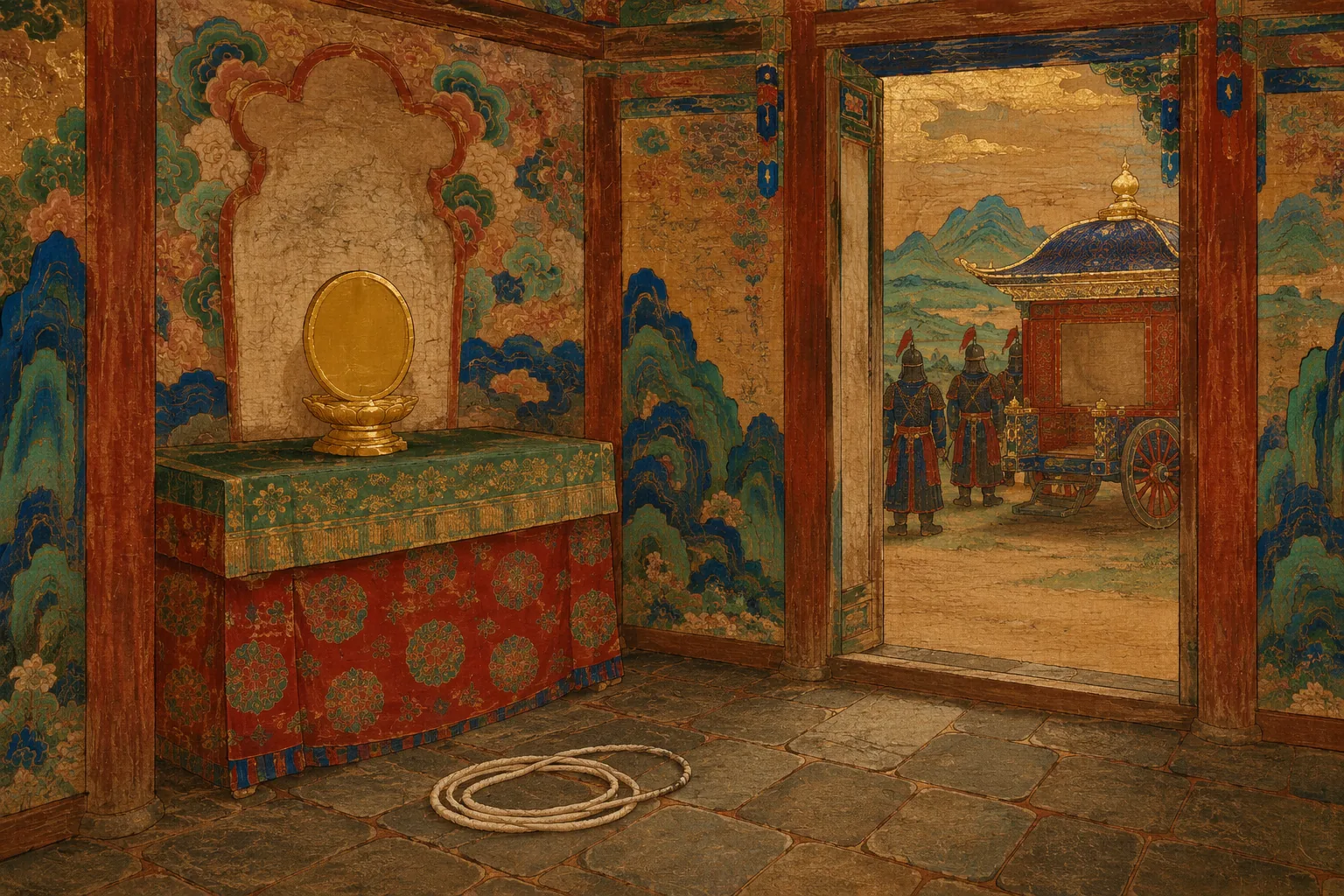 The interior of a small roadside Buddhist chapel with nobody in it. A length of white silk cord lies coiled on the flagstones before the altar. Through the open door, an imperial carriage waits on the road and soldiers stand turned away.