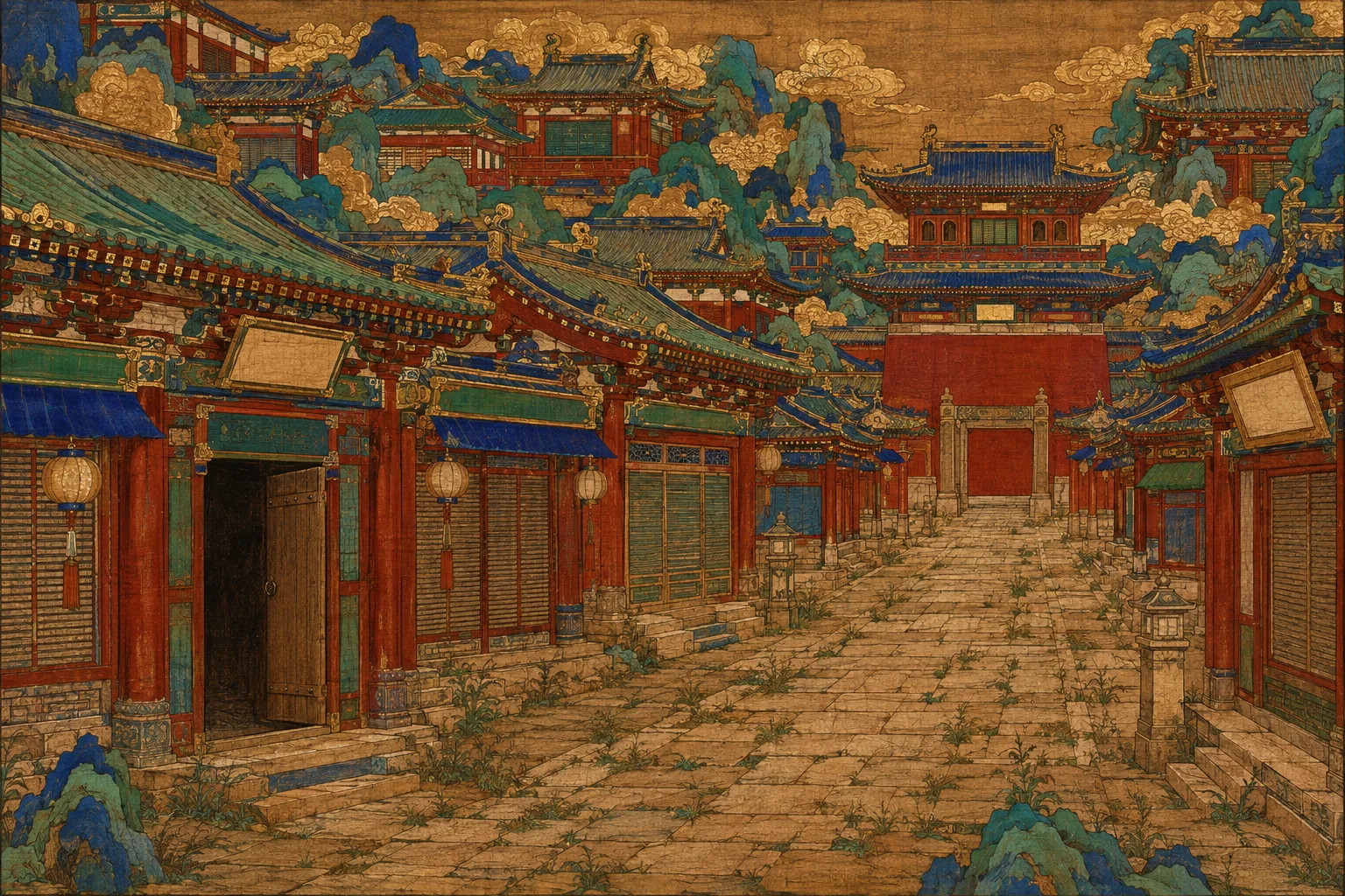 A wide Tang city avenue, completely empty. Grand tiled roofs and gate-towers stand intact but shuttered on both sides, one door ajar, weeds pushing through the paving. The palette is as saturated as every other panel and there is nobody in it.
