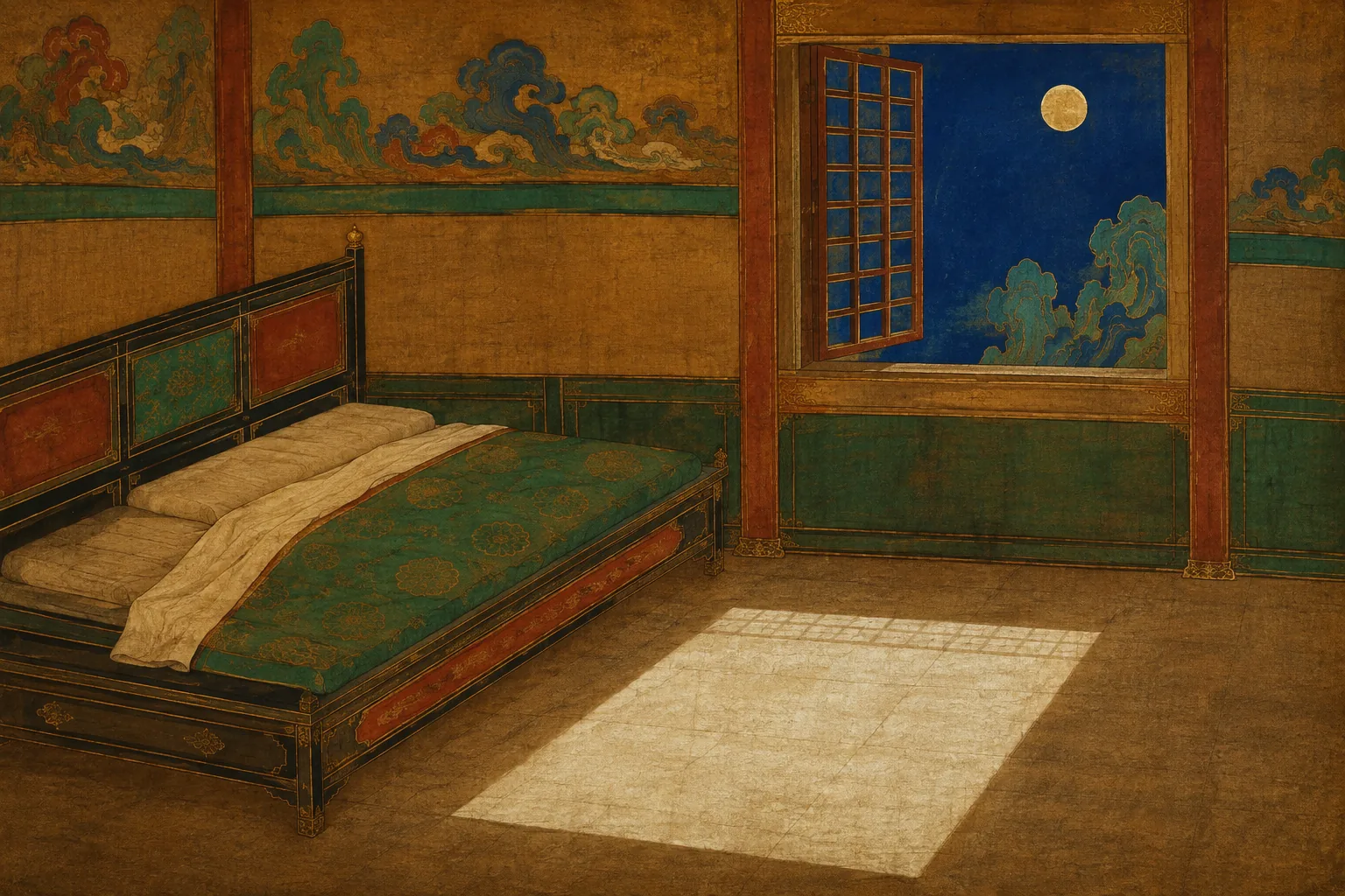A small plain sleeping chamber at night with an open lattice window. A low bed with the bedding folded back, and a bright rectangle of moonlight lying across the floor at its foot, pale enough to read as frost. No figures.