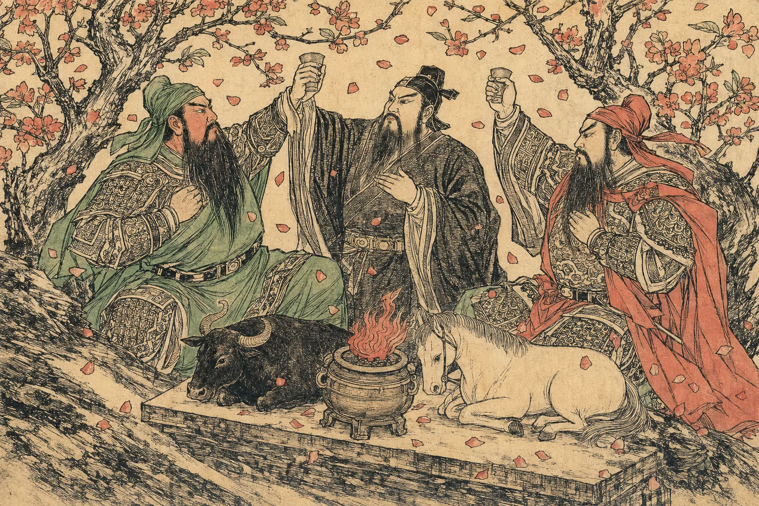 Three men standing together in a blossoming peach orchard, drawn in carved black line on cream paper, with a low altar before them holding a black ox and a white horse as offerings and a single burning brazier. Blossom falling.