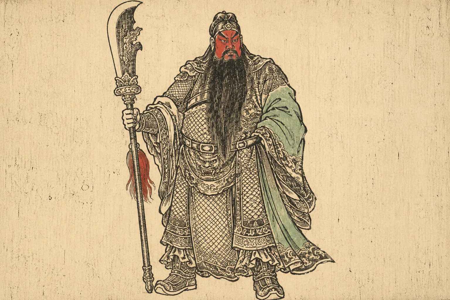 A tall warrior with a very long full beard standing alone and frontal, holding a heavy pole-arm upright. His face carries a flat vermilion wash, the only strong colour in the frame; his robes and armour are densely cross-hatched.