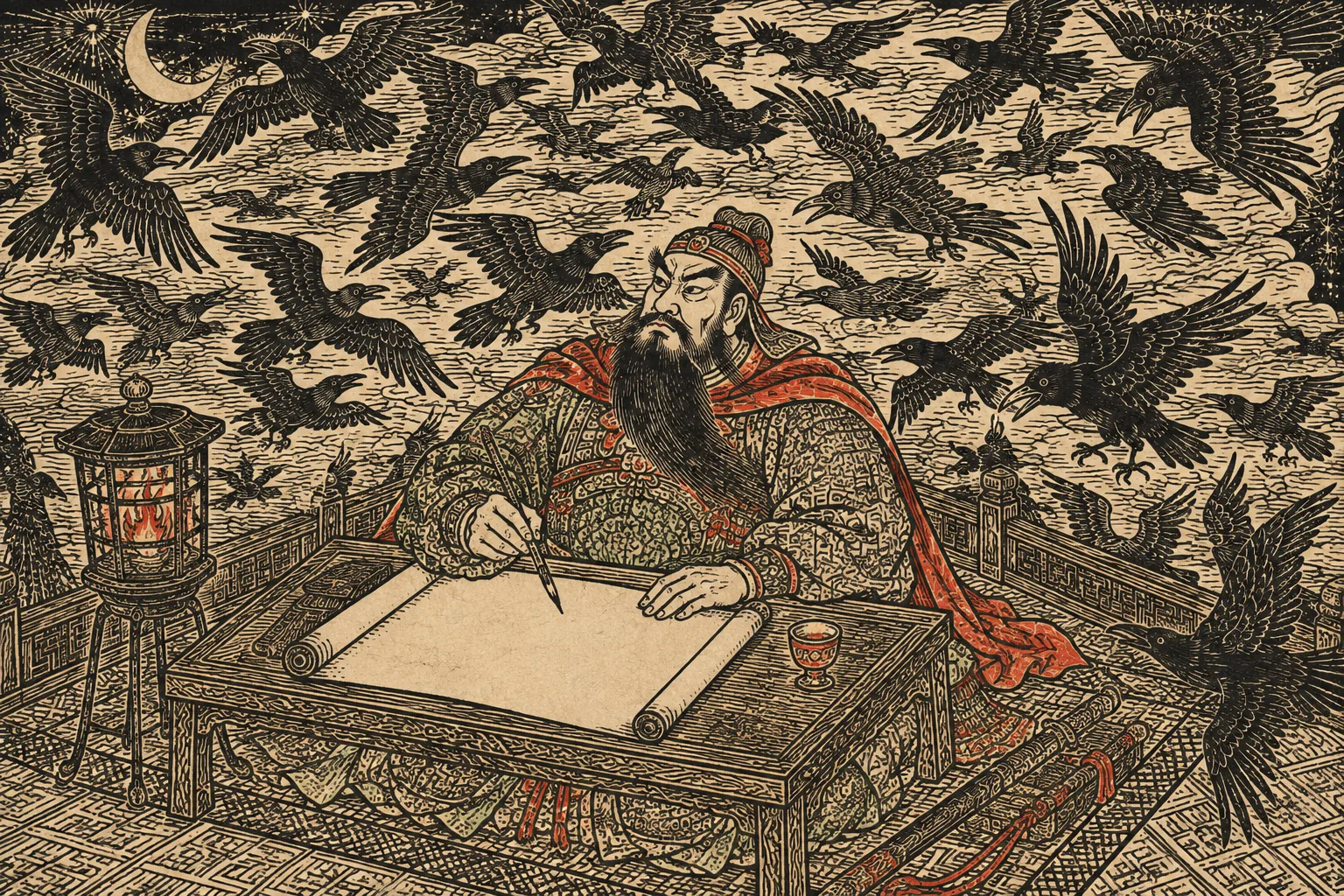 A commander seated at a low writing table at night, brush in hand over a blank scroll with a wine cup beside him, and a scatter of crows in flight filling the upper half of the frame with nowhere to settle.