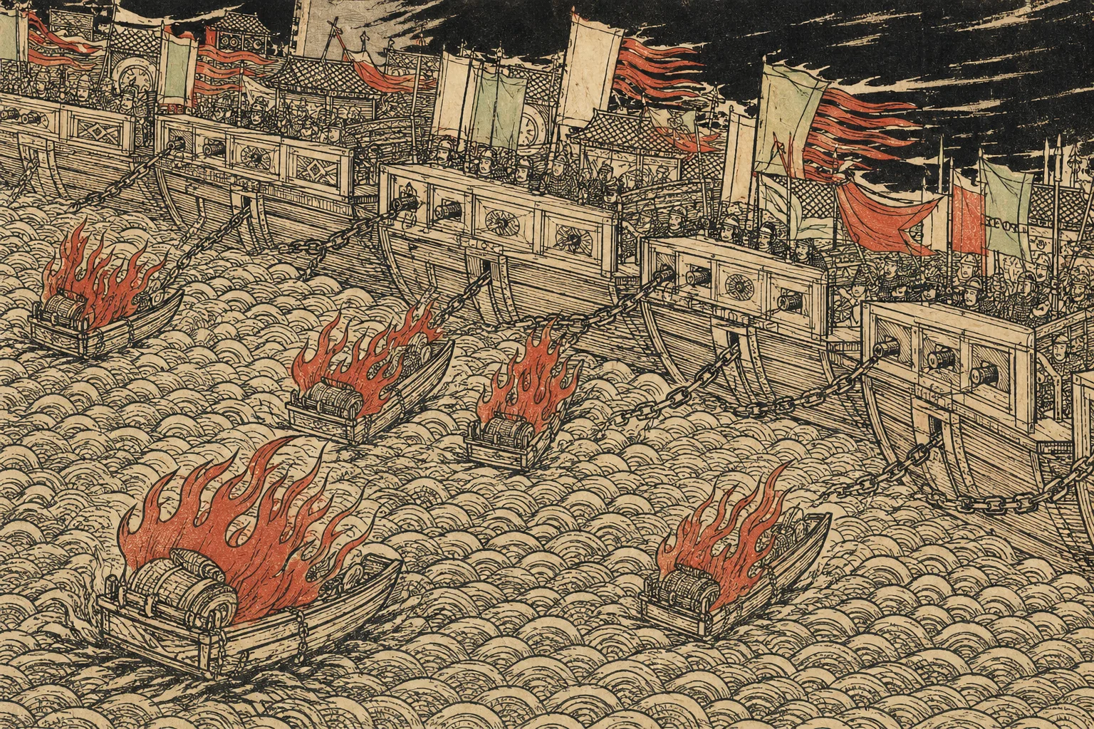 A night river battle in carved line: a long row of large warships lashed together side by side, with small unmanned fire boats drifting into them and flames drawn as stylised carved tongues. The water is a steep tilted plane of scale-like wave pattern.