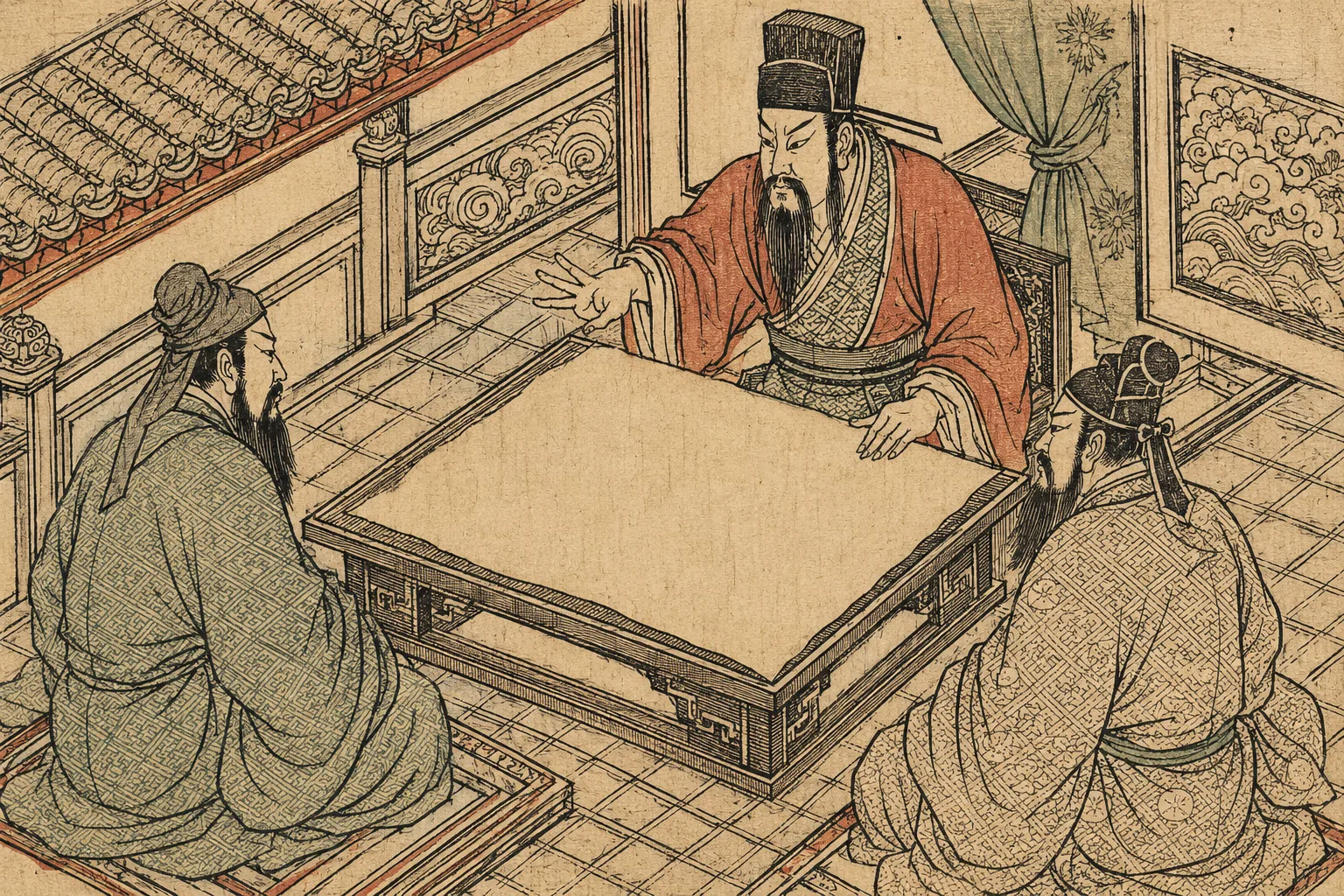 A scholar in a tall cap standing over a low table, one hand extended above a blank map, dividing it into three with the gesture, while two seated figures watch. The map surface carries no lines and no writing.