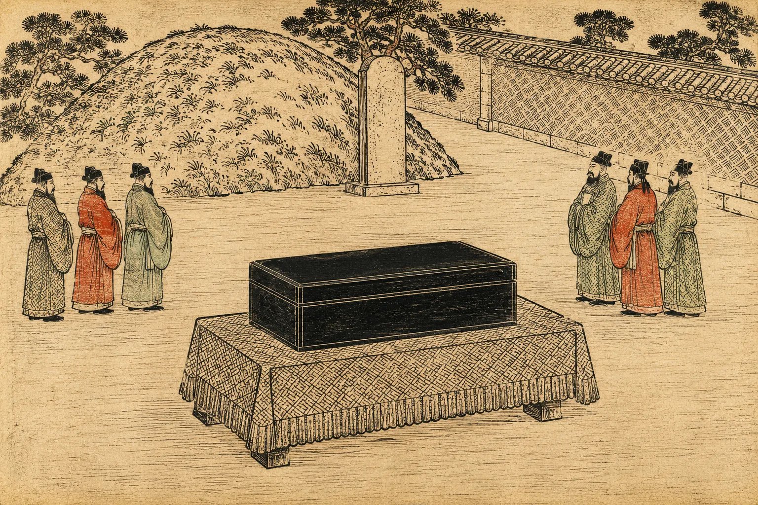 A closed lacquer box resting on a low draped bier in an open courtyard, with a burial mound and a stone marker behind it and attendants standing well back in flat profile. The box is shut and nothing is visible.