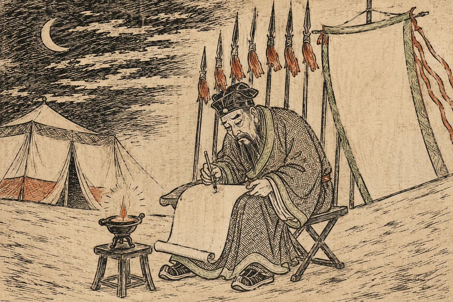 An older scholar alone in a military camp at night, seated on a folding stool and writing on a blank scroll across his knee by a single oil lamp, with ranked spears and a blank banner behind him. He is stooped and evidently unwell.