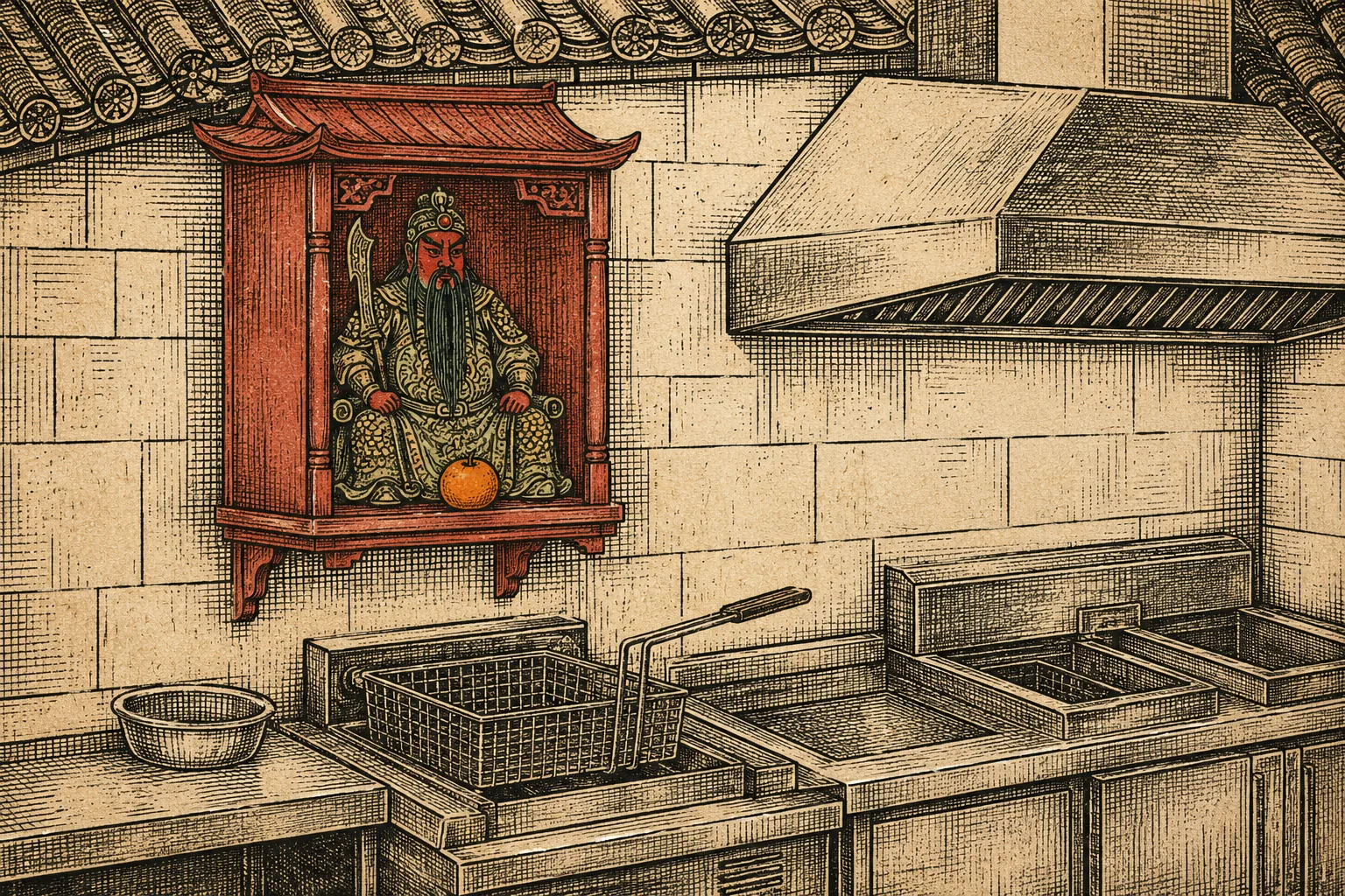 A small red shrine cabinet mounted high on a tiled wall, holding a seated red-faced bearded figure with a single orange set in front of it. Below and around: a stainless steel counter, a deep fryer basket and an extractor hood, all drawn in the same carved woodblock line.