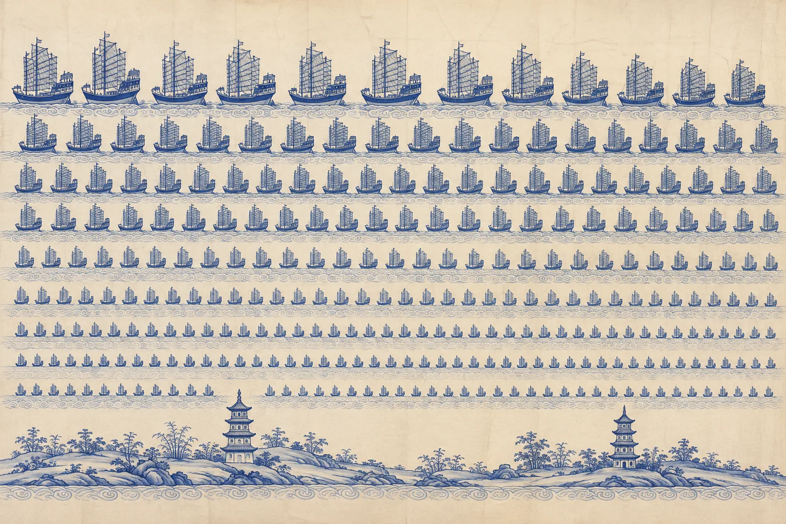 A cobalt-on-cream chart: rank after rank of junks in elevation, in diminishing sizes, ranged across bands of stylised wave scroll, all facing the same way. Along the bottom, a flat ribbon of coast with two small pagodas standing up from it.