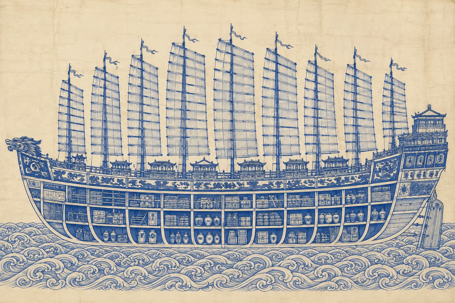 A single enormous junk in strict elevation filling the frame lengthways: nine masts with battened sails, a high stern, a sternpost rudder, and the hull drawn as a cutaway showing transverse watertight bulkhead walls inside. Flat and technical.