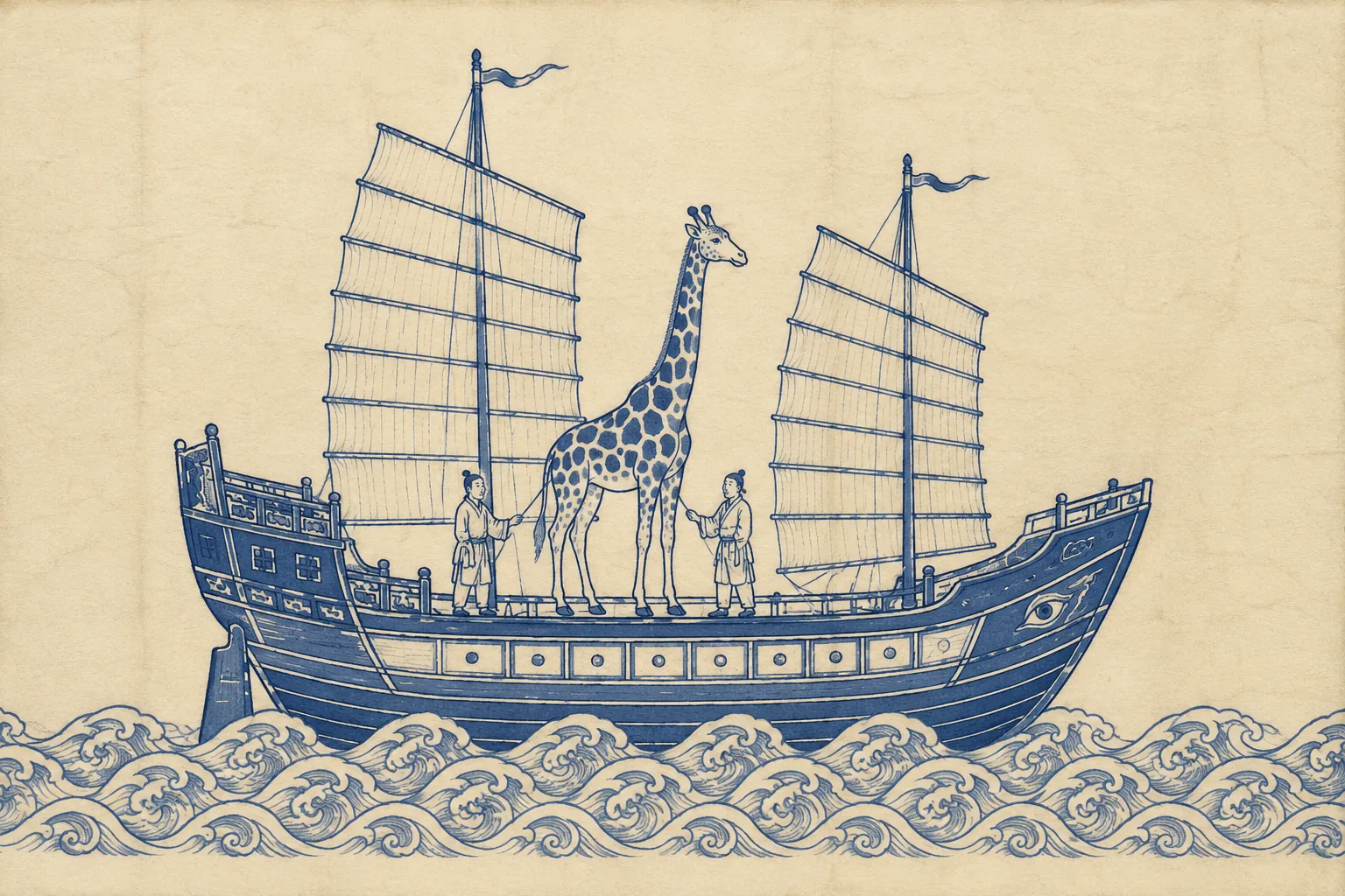 A giraffe standing on the open deck of a junk, drawn in the same flat elevation as the ship with its head level with the lower yards, two small handlers beside it and stylised wave scroll below. Completely deadpan.
