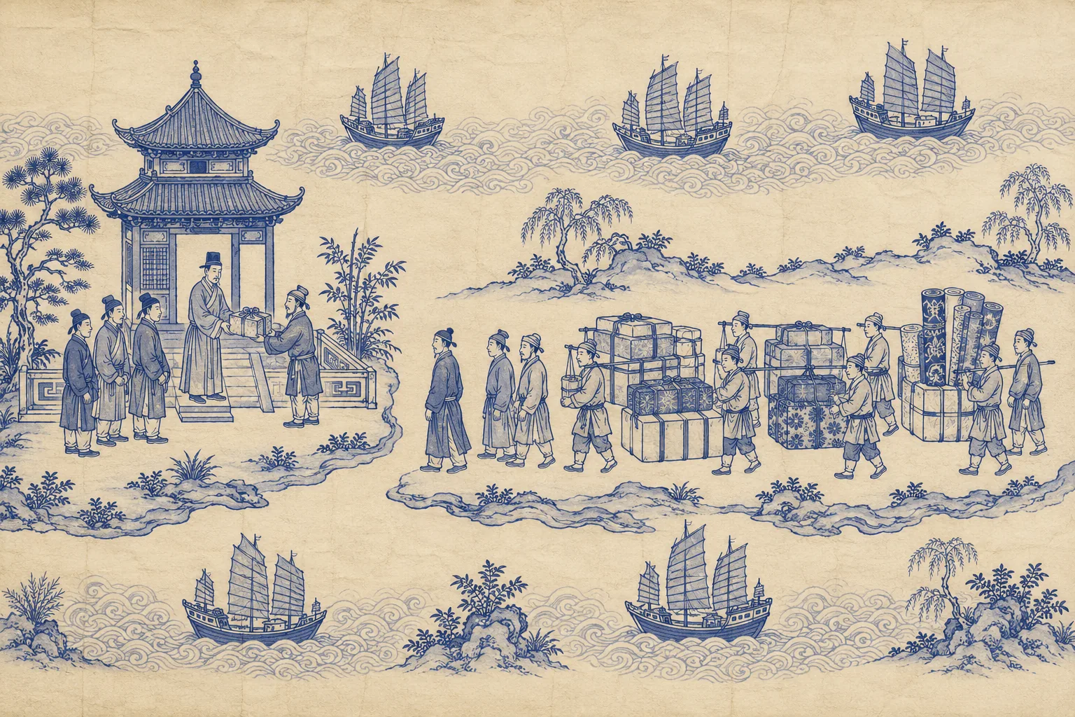 Two schematic scenes side by side in one register: on the left a small group presenting a single covered box at the foot of a pagoda; on the right the same figures leaving with a train of porters carrying many larger bundles and bolts of cloth.