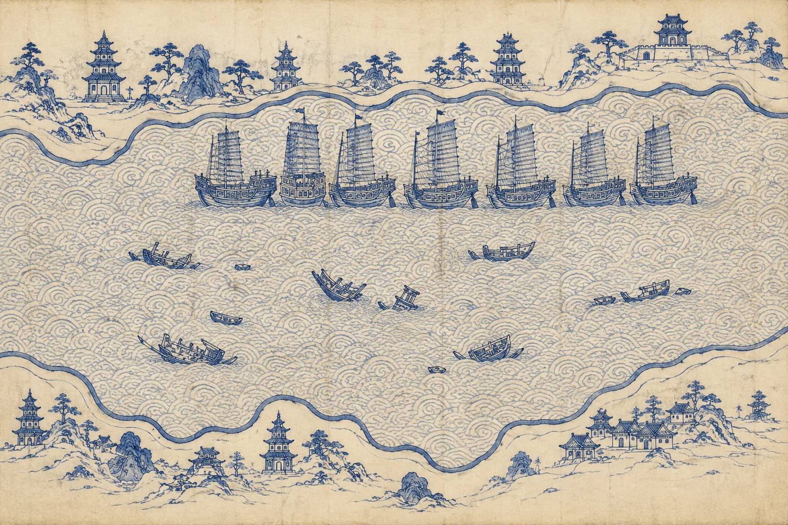 A narrow channel between two flat ribbons of coast, with a line of large junks in elevation blocking one end and a scatter of small broken hulls drifting in the wave scroll. No figures, no fire, no bodies — only the empty hulls.