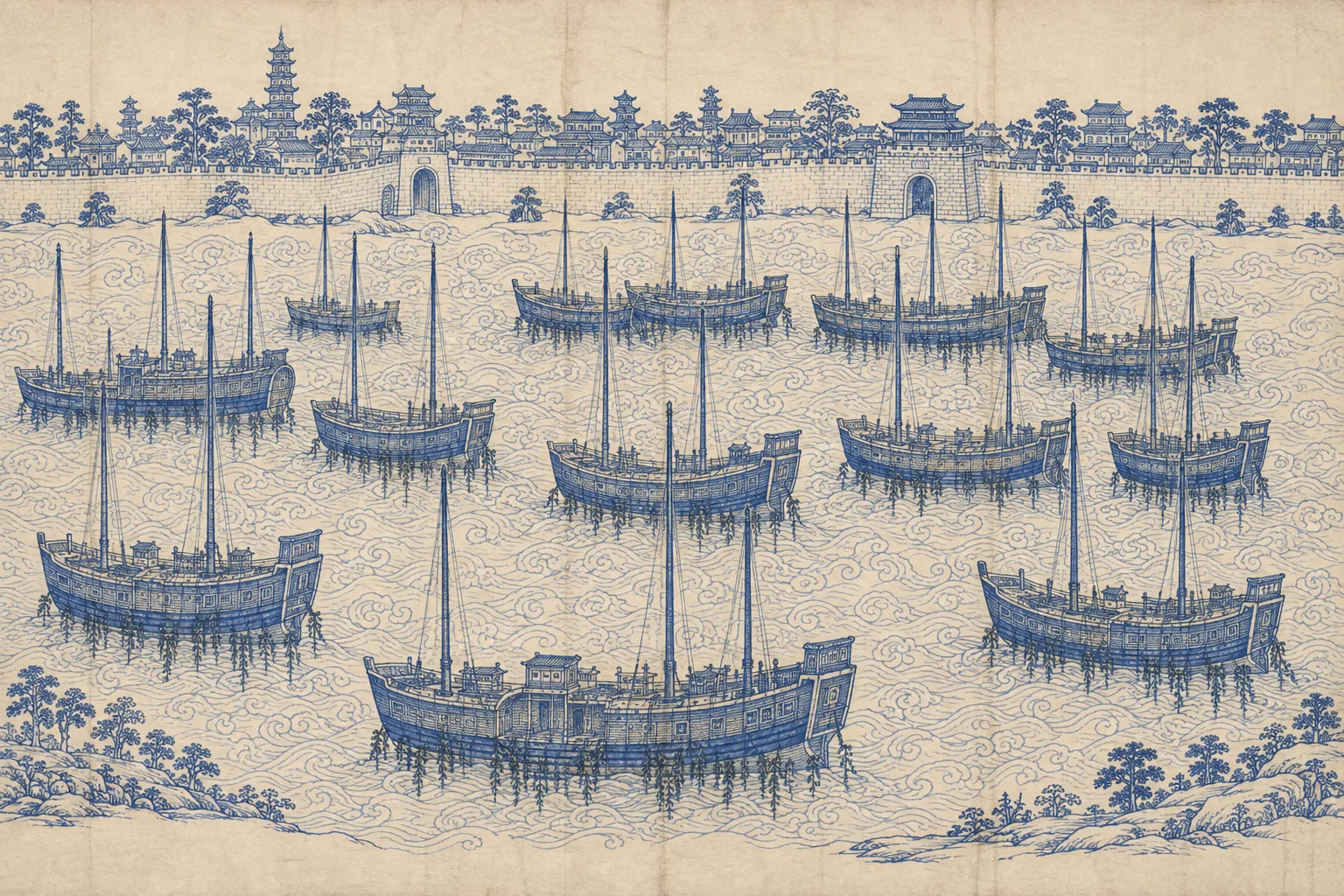 A wide river mouth with many great junks moored in ranks, drawn in the same elevation as the opening panel but with masts bare and unrigged, hulls dark and streaked and weed at the waterline. A city wall as a flat ribbon behind. Nobody aboard.