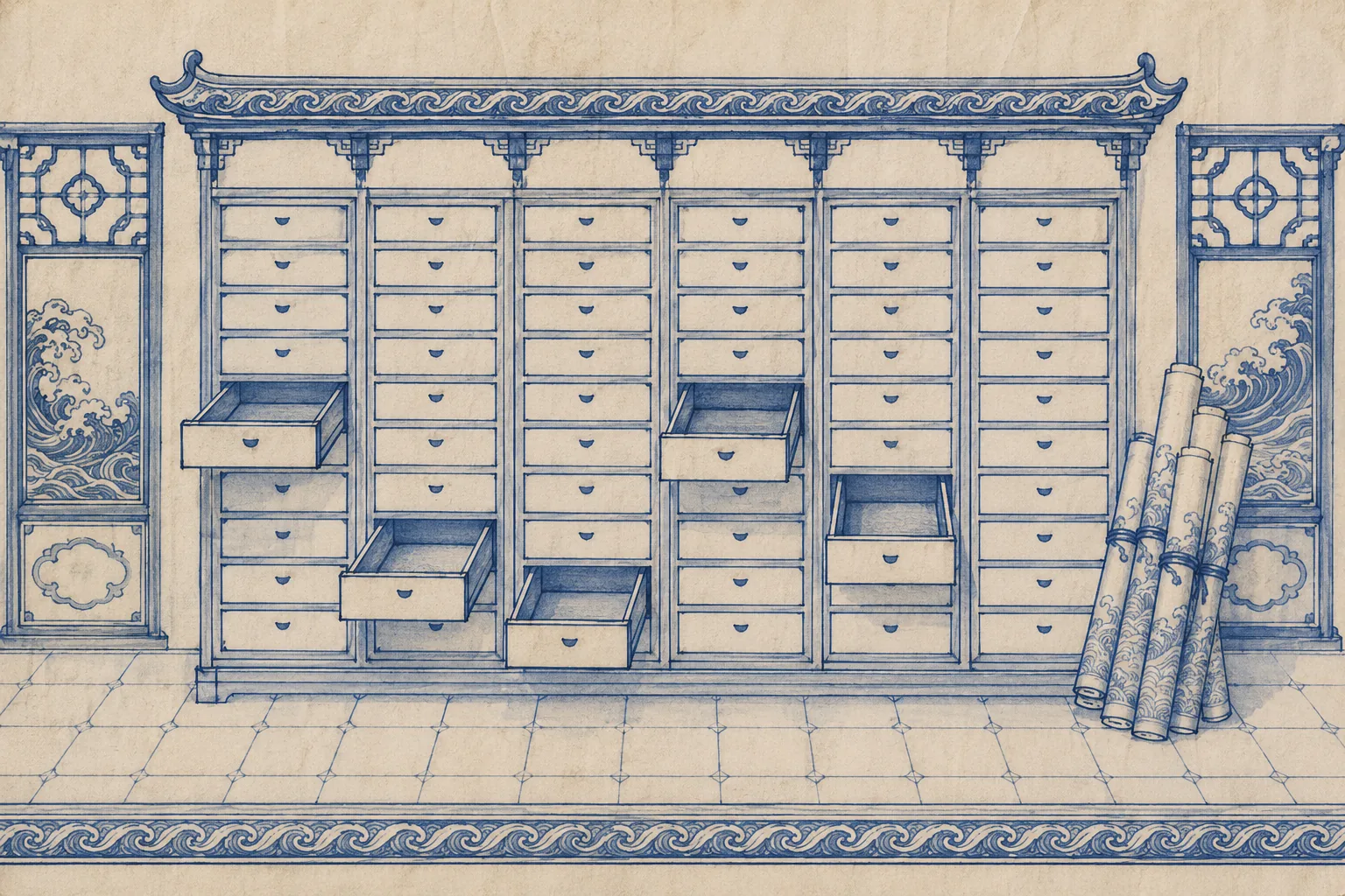 The interior of a records office in flat elevation: a wall of tall cabinets with rows of shallow drawers, several pulled fully open and visibly empty, and rolled charts stacked against one side. No people. Cream paper, cobalt line.