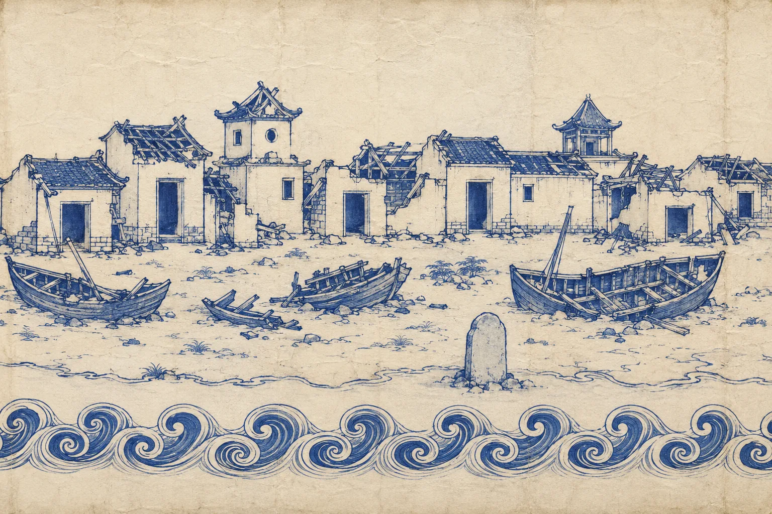 A coastal village drawn as a flat ribbon: houses with doors standing open and roofs falling in, fishing boats hauled up the beach and broken open along their keels, and a single stone marker at the tide line. Empty wave scroll along the bottom.