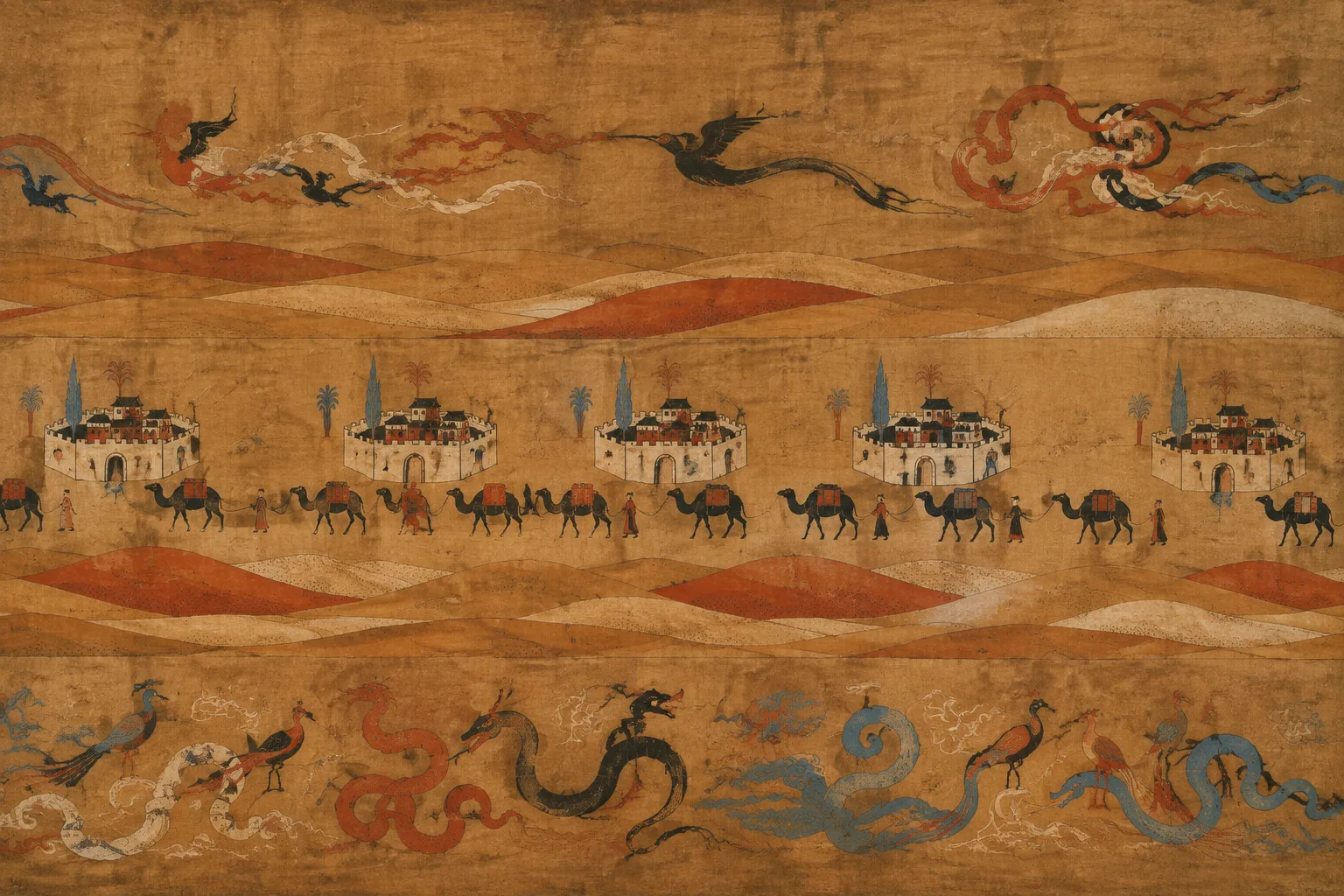A schematic route across a desert register: a chain of small stylised walled oasis towns strung left to right, dunes drawn as flat overlapping ochre bands, and a camel train as small repeated profile shapes between them.