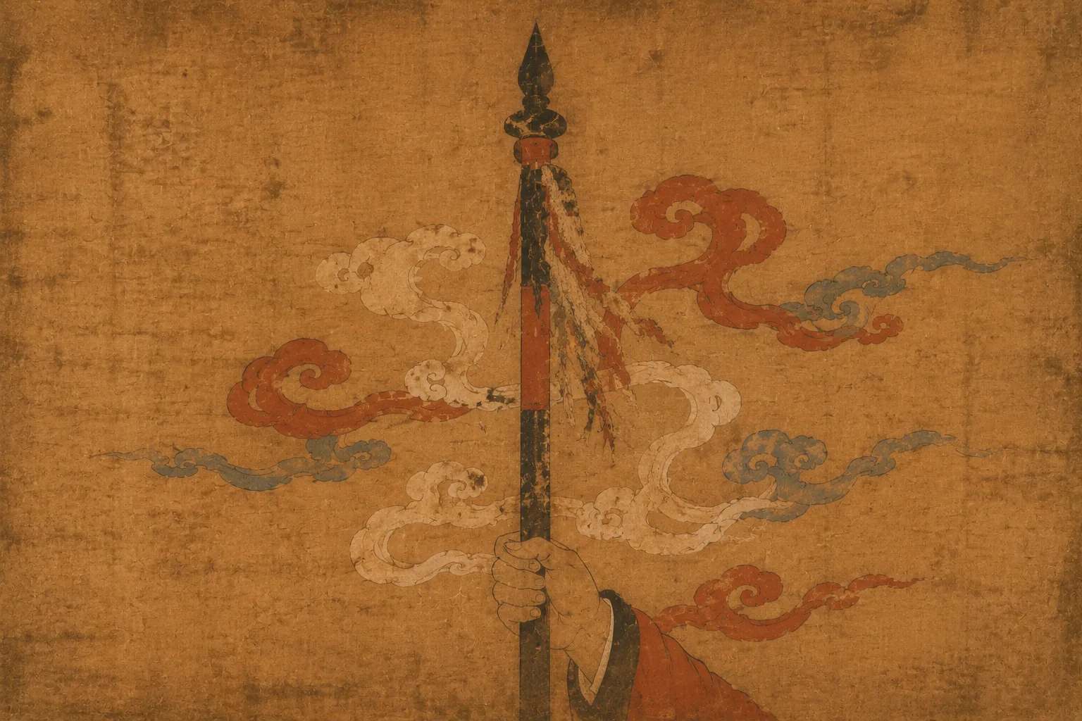 A single upright envoy’s staff held in one flat-profile fist, its yak-tail tassel worn down almost to the bare shaft, with curling cloud tendrils filling the ground around it and nothing else in the frame.