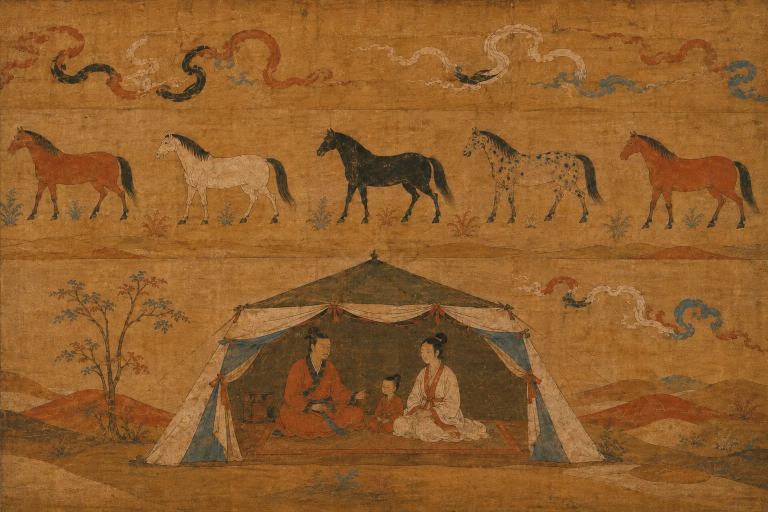 A felt tent on open steppe in the lower register, with a seated flat-profile man inside it, a woman beside him and a small child at their feet. Horses stand in profile in the register above.