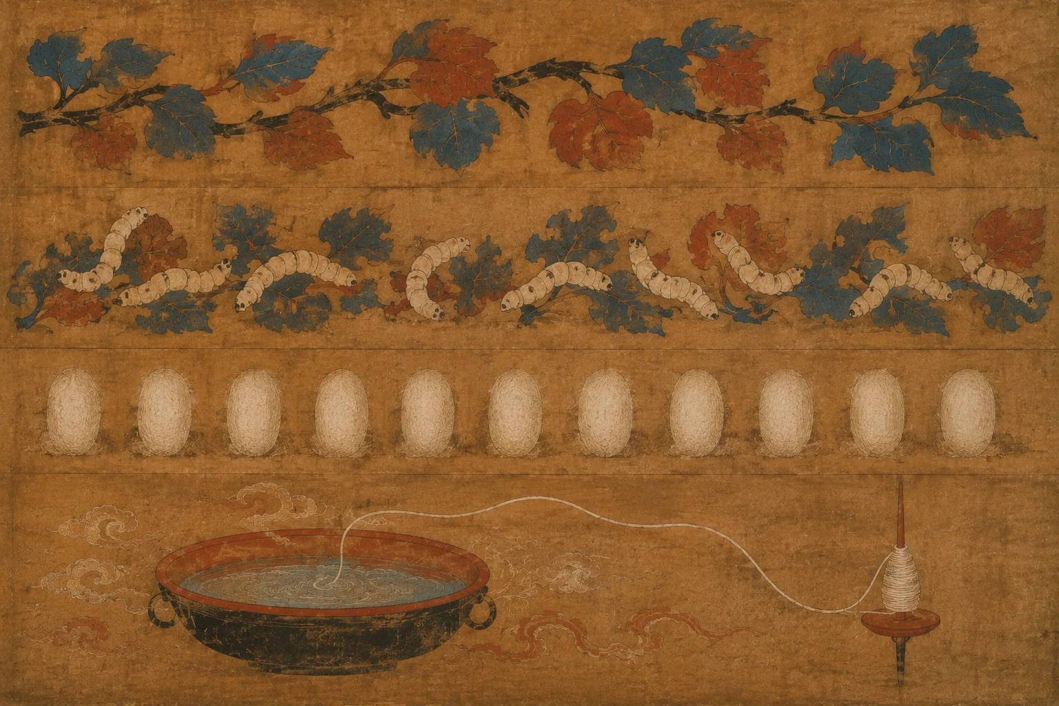 Four stacked registers reading downward: a leafy branch; pale silkworms feeding on the leaves; a row of white cocoons; and a footed basin of water with a single thread rising from it to a spindle.