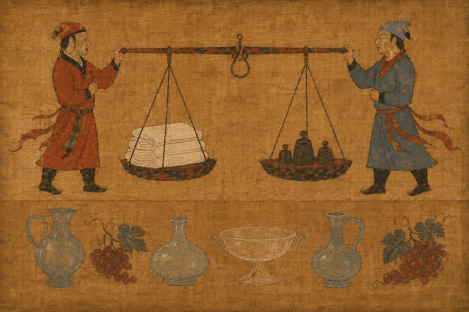A market register with a large hand-held balance: folded bolts of pale silk heaped in one pan, small weights in the other, and flat-profile merchants in belted foreign coats and soft caps standing to either side. Glass vessels and grapes in the register below.