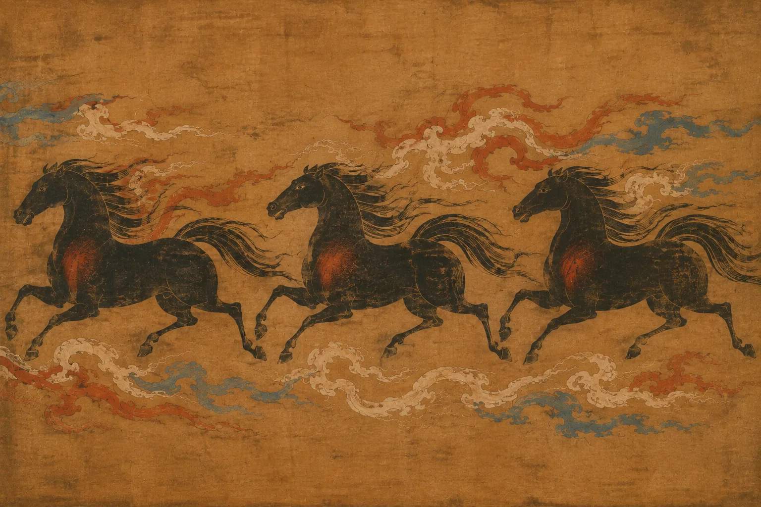 Three powerful horses in flat profile mid-stride, filling the frame, manes and tails streaming out into curling cloud tendrils, with a thin red sheen on each shoulder. No riders, saddles or stirrups.