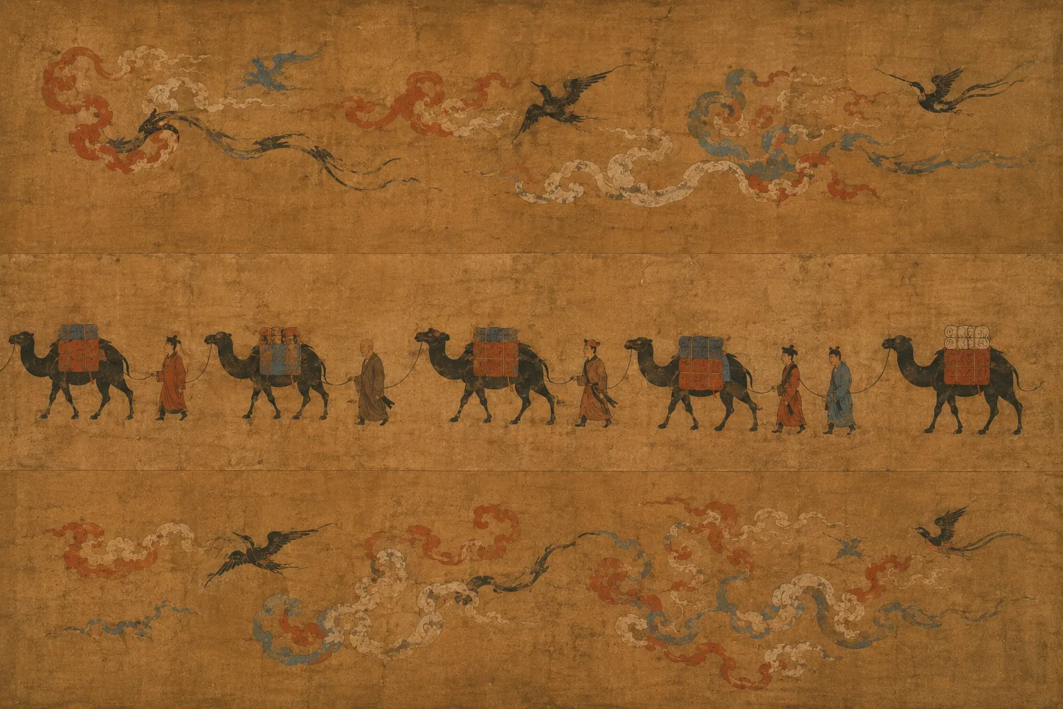A camel train crossing the middle register right to left, laden with bundles and rolled mats. Among the drivers walks one figure in plain monastic robes carrying a small covered bundle, no more prominent than anyone else.