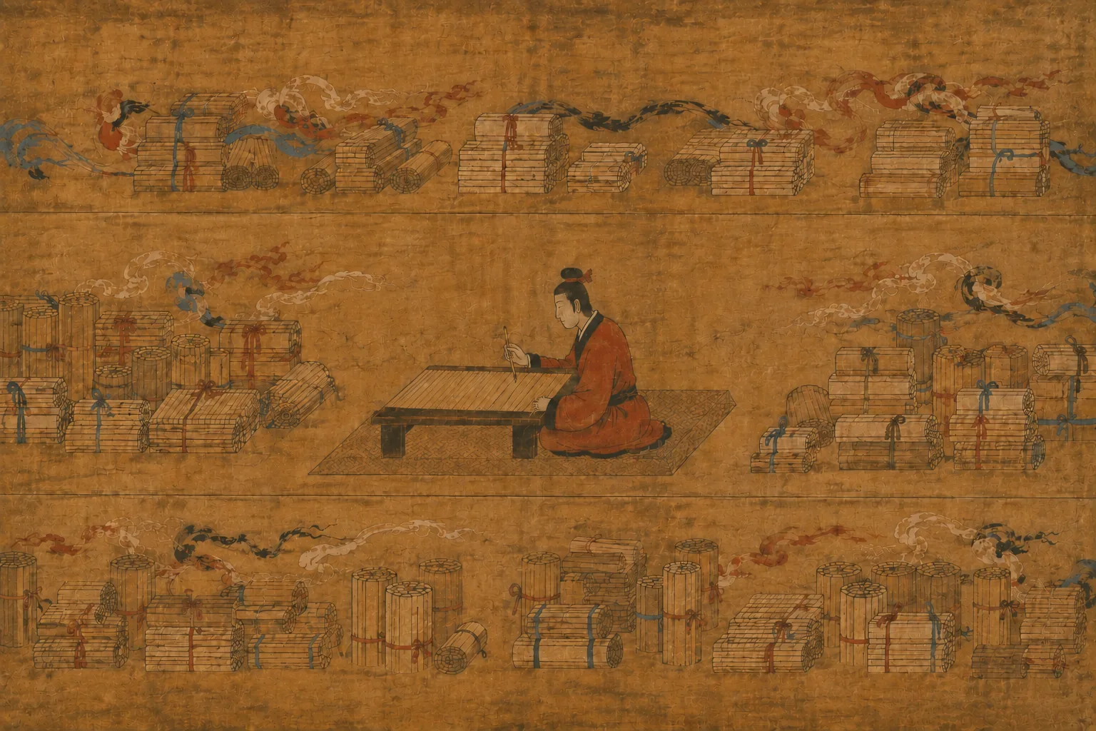 A seated flat-profile figure at a low table, brush in hand over an open bamboo scroll, with stacks of rolled bamboo scrolls in the registers above and below him — far more than one man could finish. All surfaces blank.