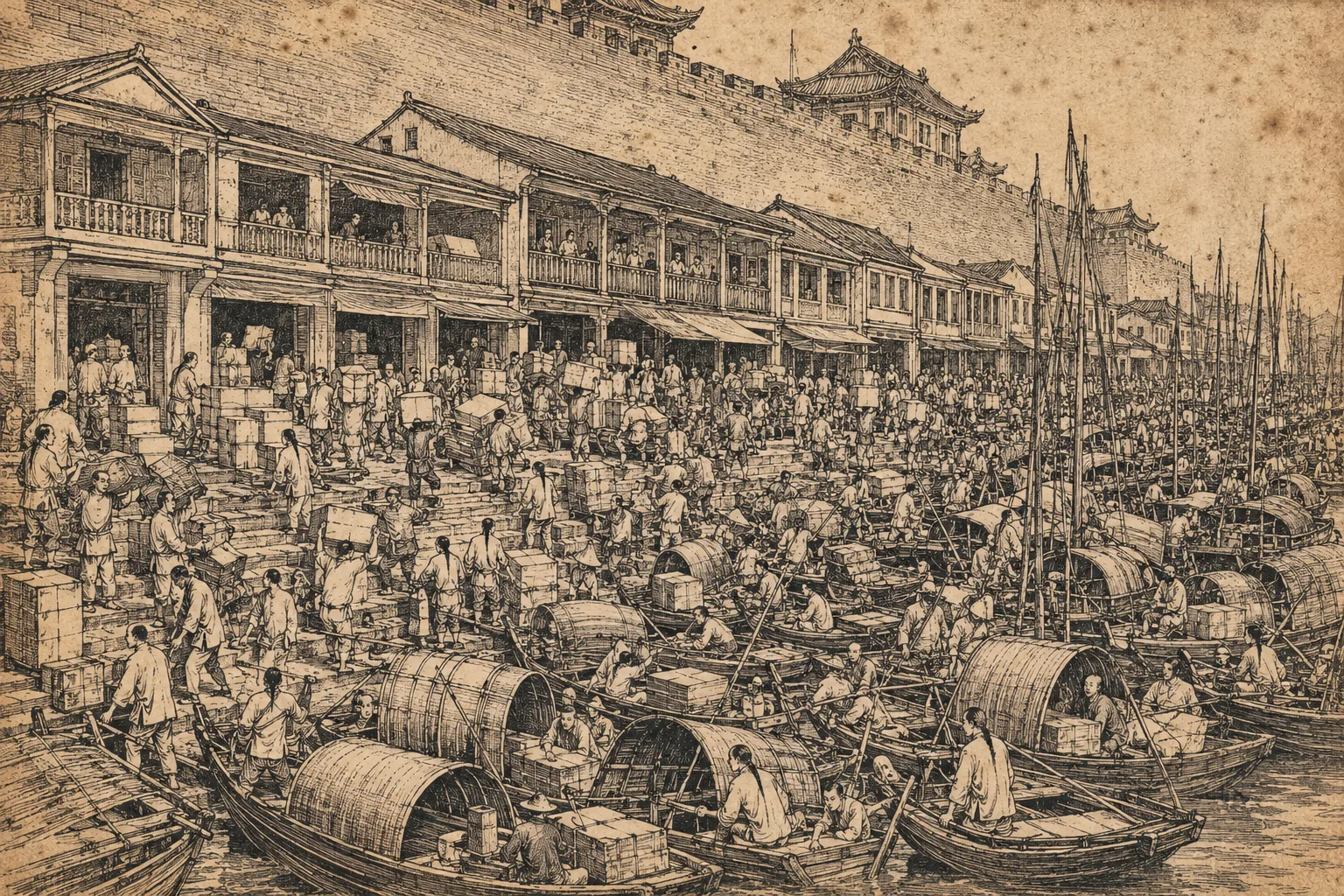 A narrow waterfront strip of foreign trading houses backed against a Chinese city wall, with sampans and lighters jammed in the water in front and crates and tea chests being manhandled up the steps. Very crowded, hatched black line on yellowed paper.