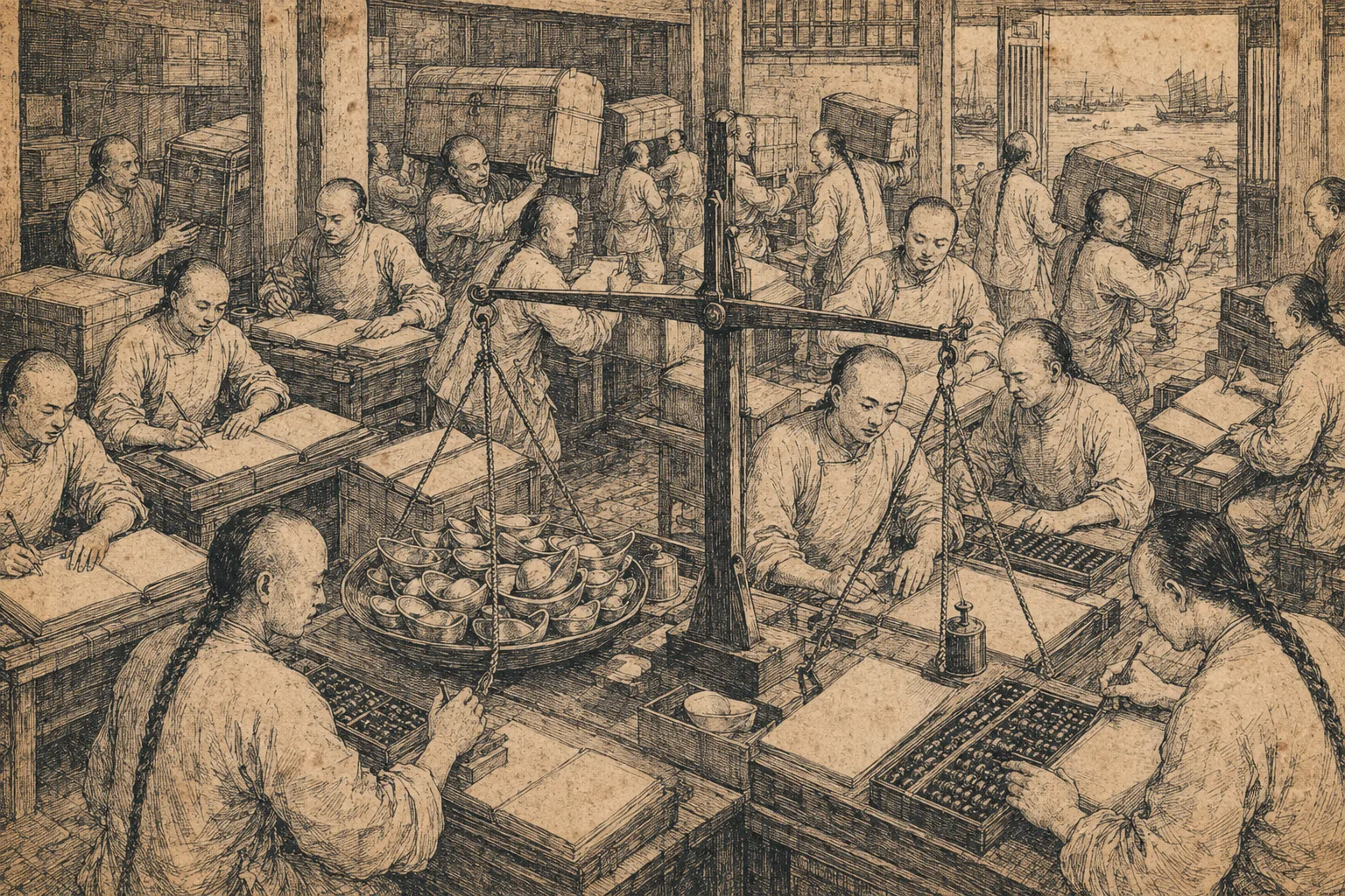 An interior counting room: a large beam balance with silver ingots in one pan, clerks with ledgers and abacuses crowded around it, and porters carrying sealed chests out toward the water. Ledgers and chests blank.
