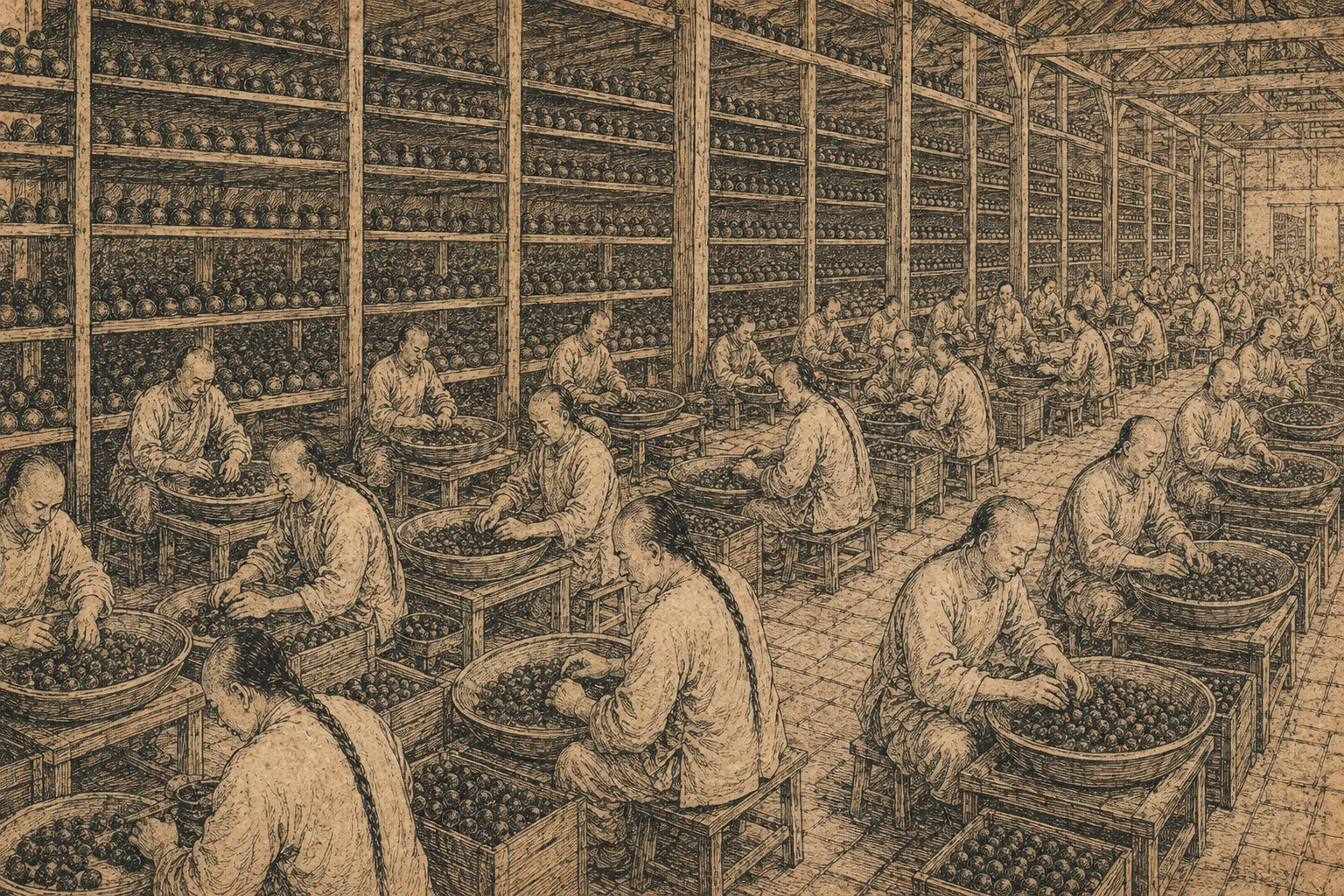 The interior of a huge opium works: rows of men at low stools rolling balls of paste by hand in shallow basins, with tier upon tier of open wooden racks holding hundreds of identical spheres receding behind them. Institutional and orderly.