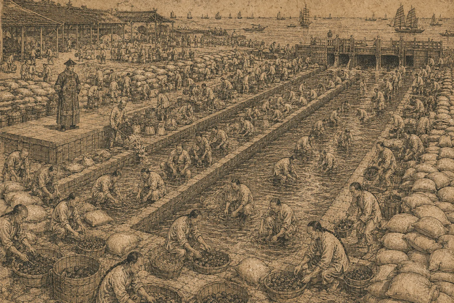 An outdoor destruction ground beside the sea: three long flooded trenches, labourers breaking spherical opium balls by hand and treading them in, sacks of salt and lime along the edge, a sluice at the far end, and an official watching from a low platform.