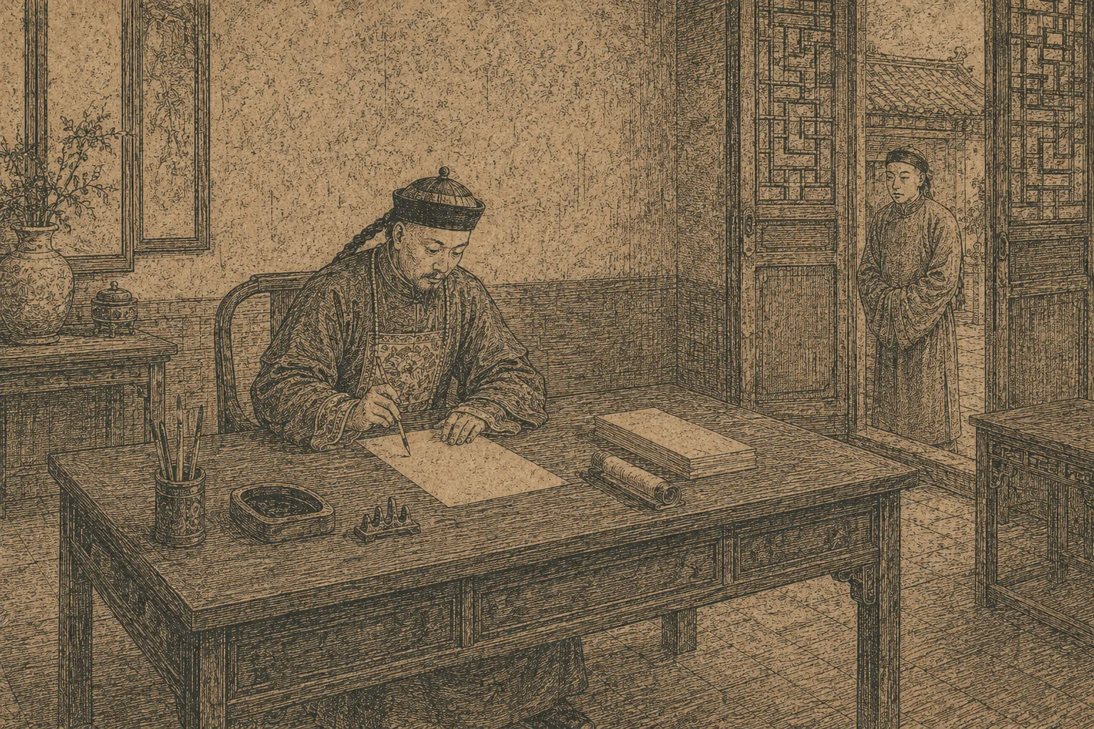 A Qing official alone at a writing table in a sparse official room, brush in hand over a blank sheet, an attendant waiting at the door. Quieter than the rest of the set but drawn in the same hatched cheap line. No writing visible.