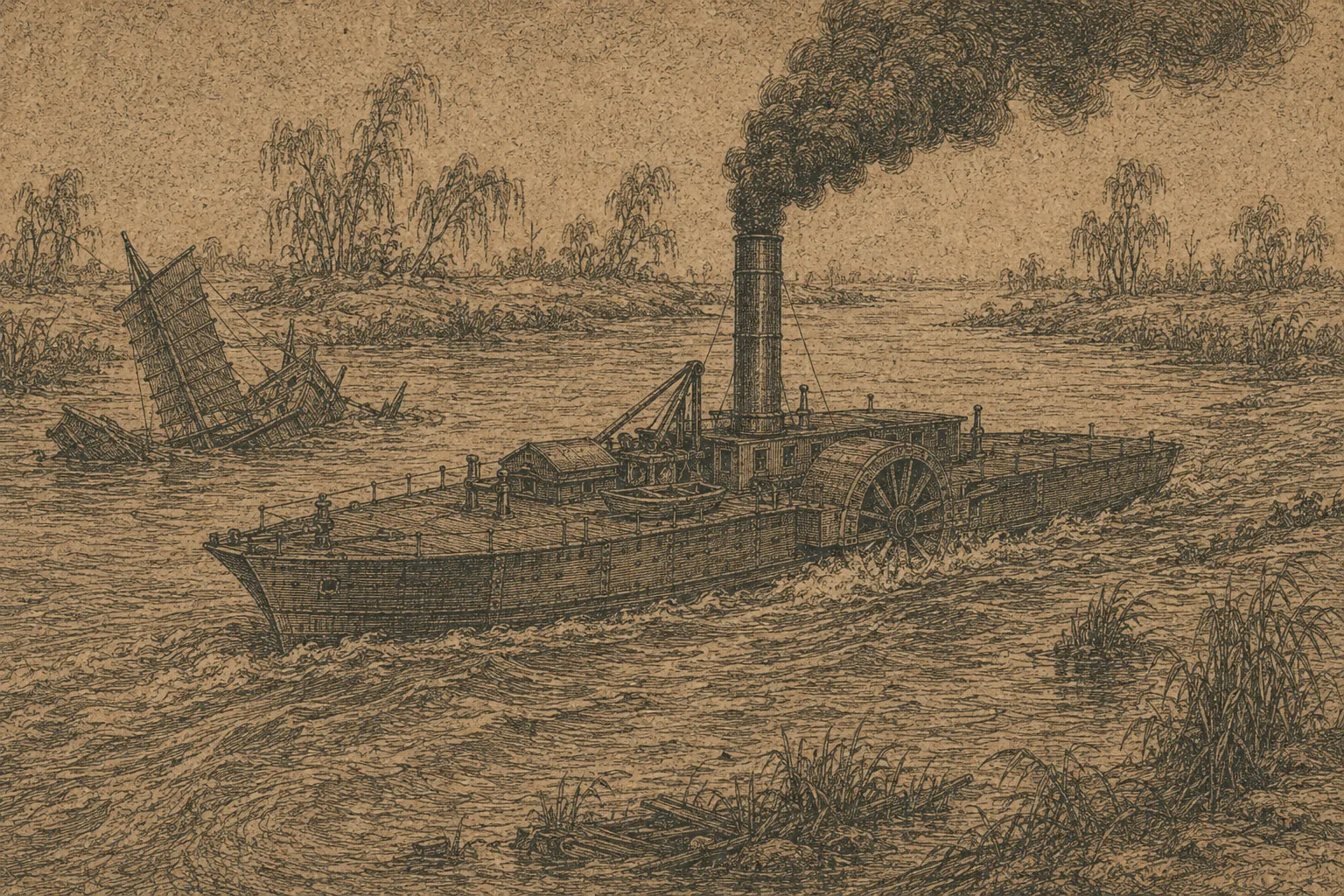 An iron paddle-wheel steamship with a shallow flat hull driving upriver against the current between low banks, smoke pouring from one funnel, past two traditional war junks broken and half-sunk in the shallows. No figures in the water.