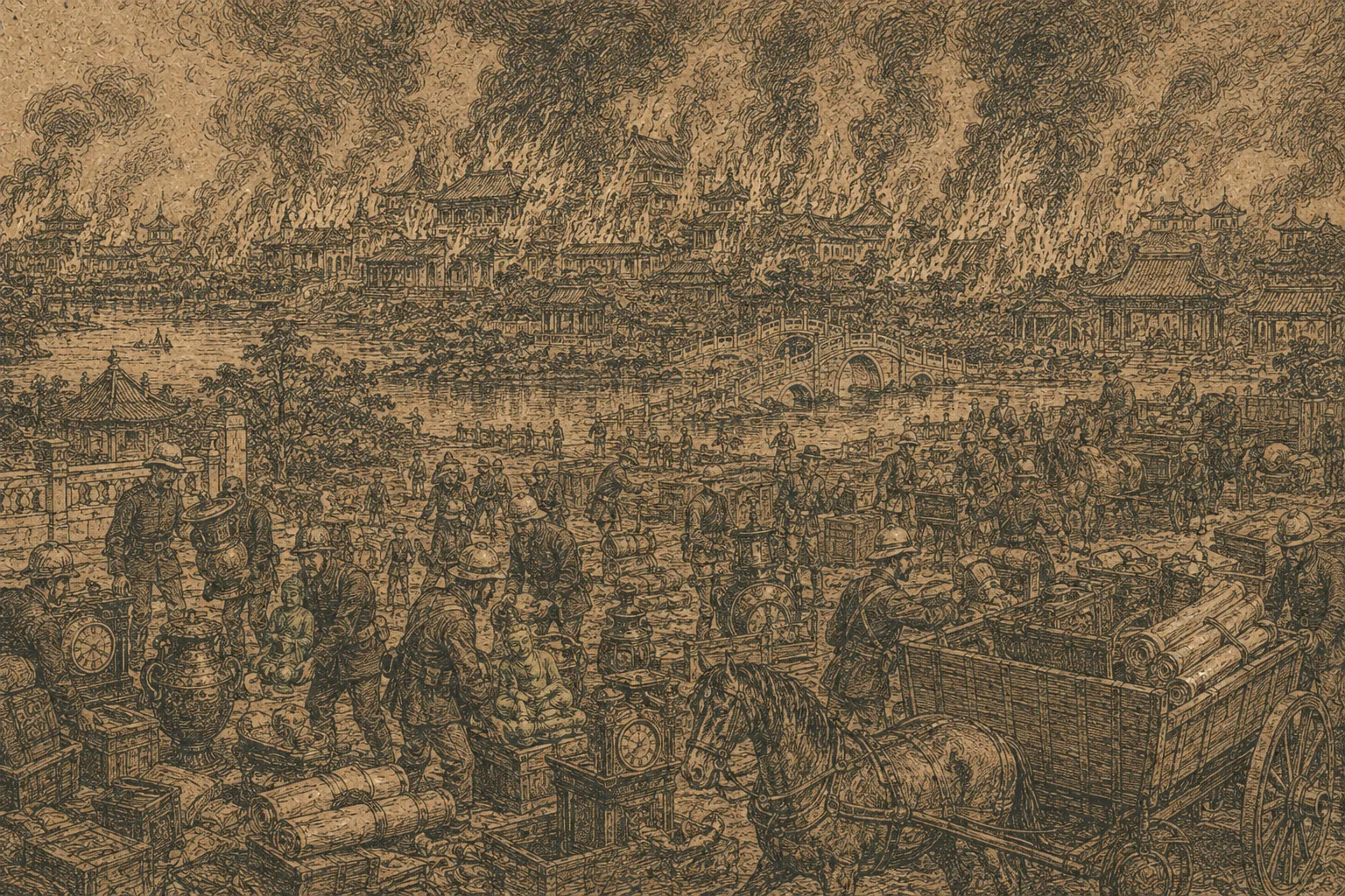 A vast garden palace complex burning at a distance — pavilions, a marble bridge, a lake, smoke rising from many buildings at once — while in the foreground soldiers carry out bronzes, clocks, scrolls and a jade figure and load them onto carts.