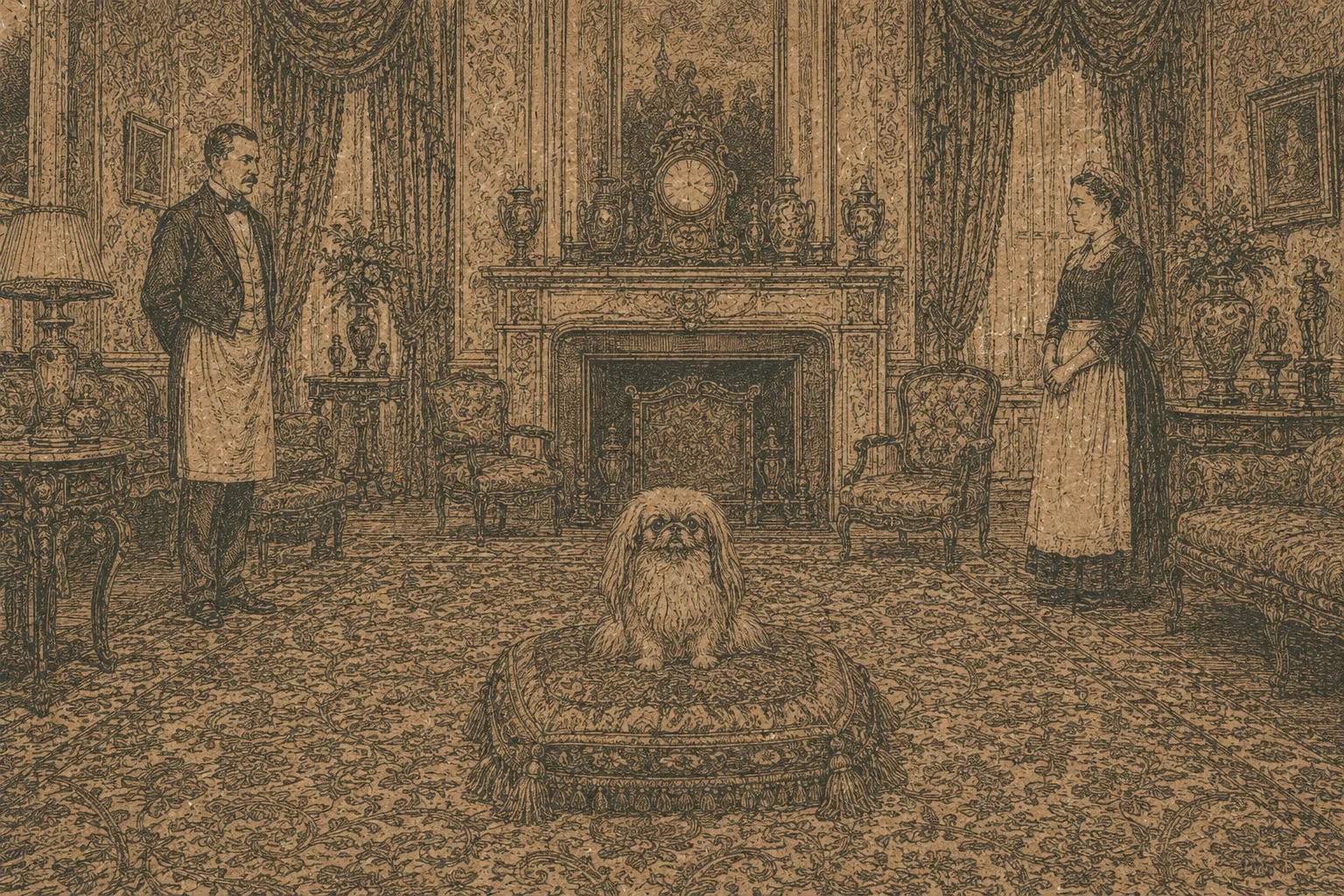 A small flat-faced long-haired lapdog seated on a tasselled cushion in a grand European drawing room with heavy curtains, a mantel clock and a patterned carpet, two servants standing back. Drawn in the same cheap Chinese lithograph line, its perspective slightly wrong.