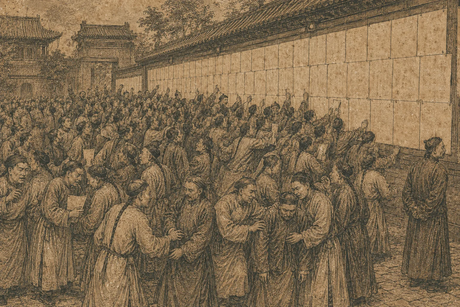A packed courtyard outside an examination hall with a long blank paper list pasted on a wall and a dense crush of robed scholars pressing forward to read it, some jubilant and some being helped away. One man stands apart at the edge, facing away.